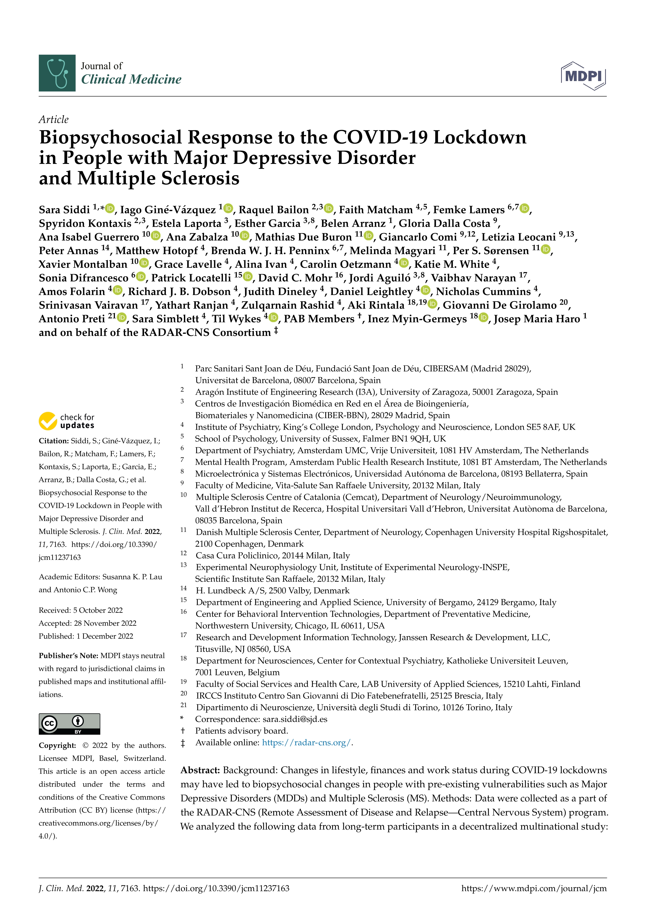 Biopsychosocial response to the COVID-19 lockdown in people with major depressive disorder and multiple sclerosis