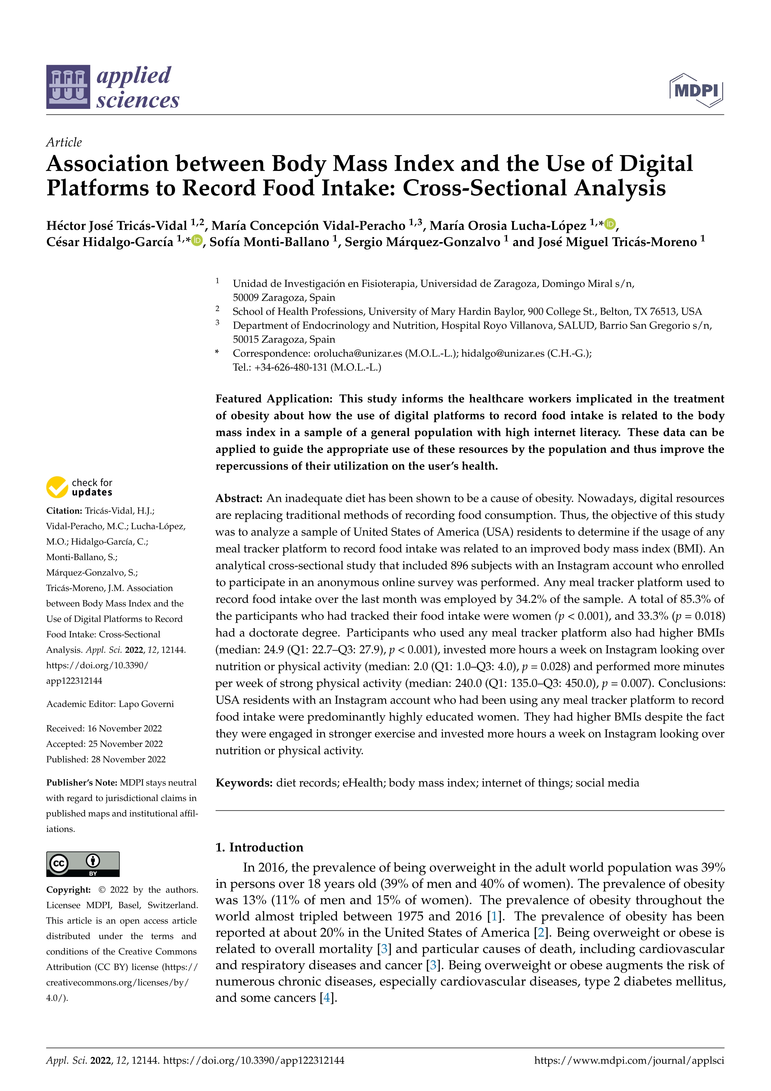 Association between Body Mass Index and the Use of Digital Platforms to Record Food Intake: Cross-Sectional Analysis