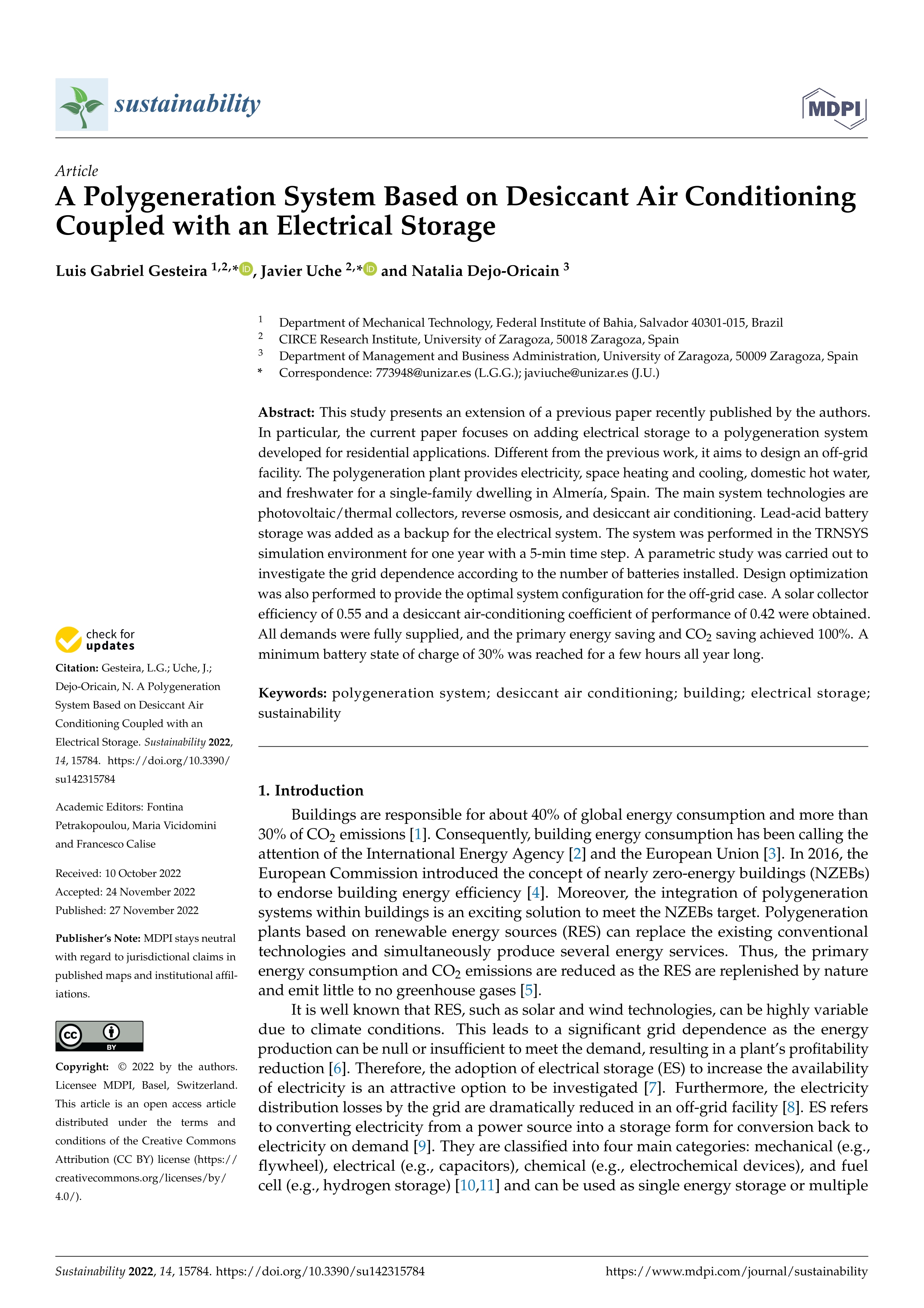 A Polygeneration System Based on Desiccant Air Conditioning Coupled with an Electrical Storage
