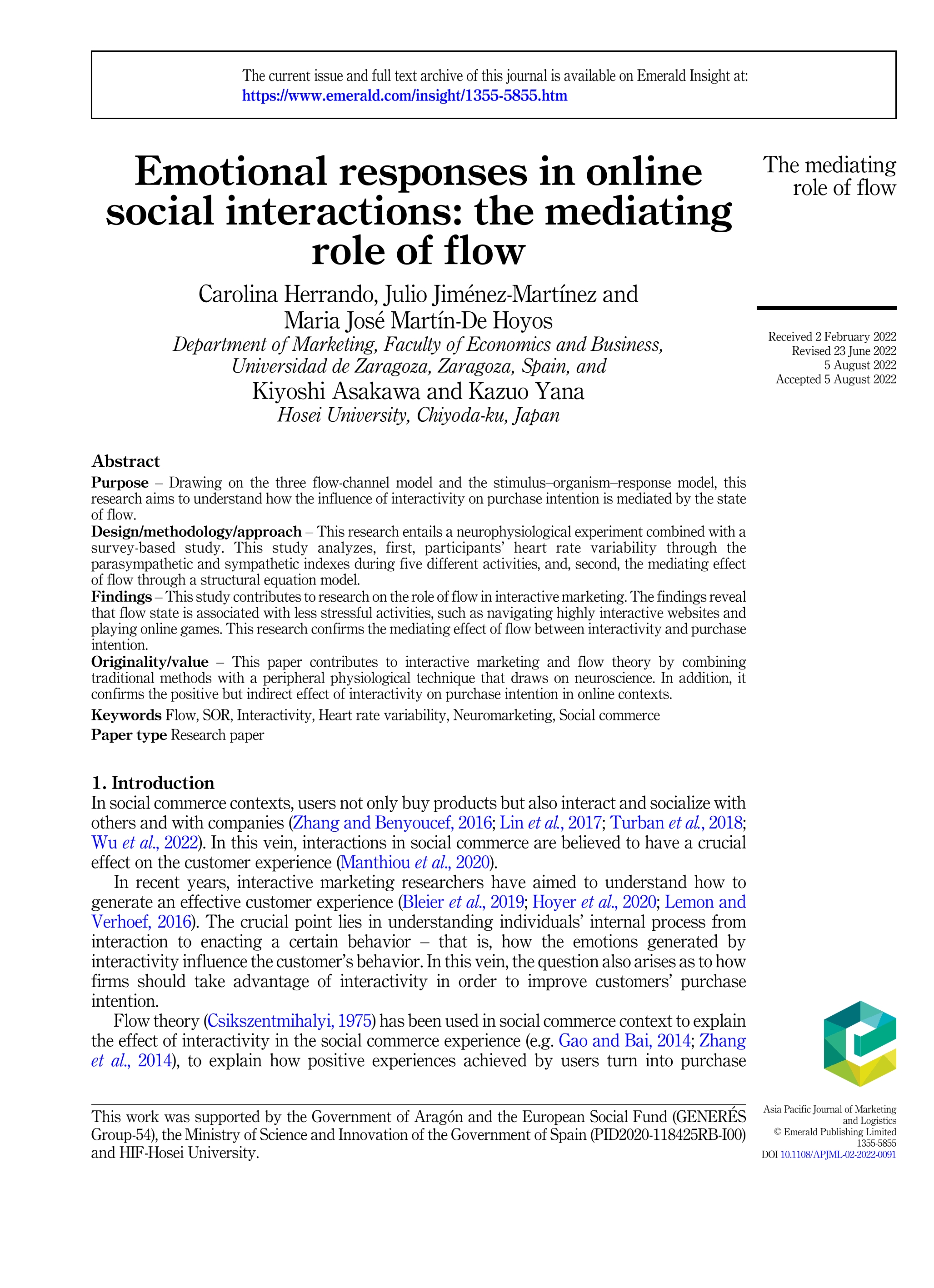 Emotional responses in online social interactions: the mediating role of flow