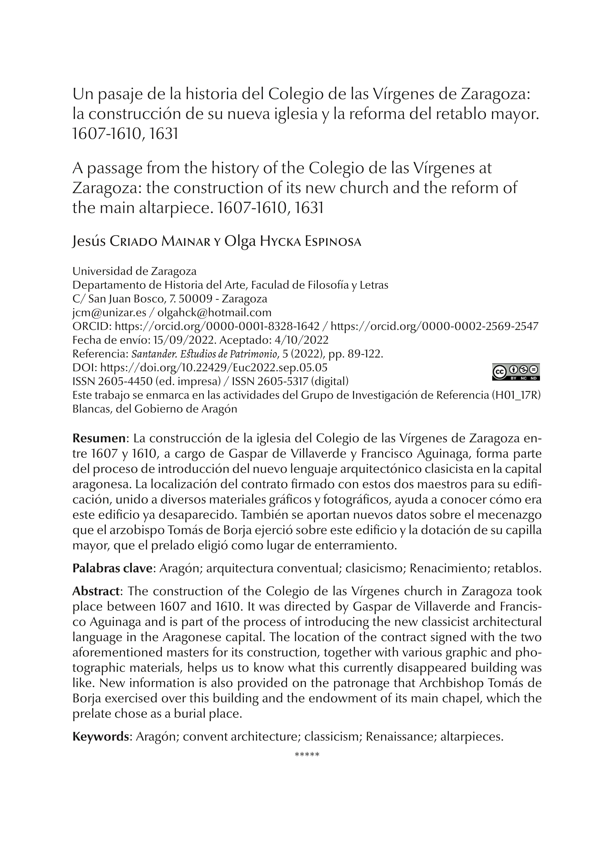 Un pasaje de la historia del Colegio de las Vírgenes de Zaragoza: la construcción de su nueva iglesia y la reforma del retablo mayor. 1607-1610, 1631