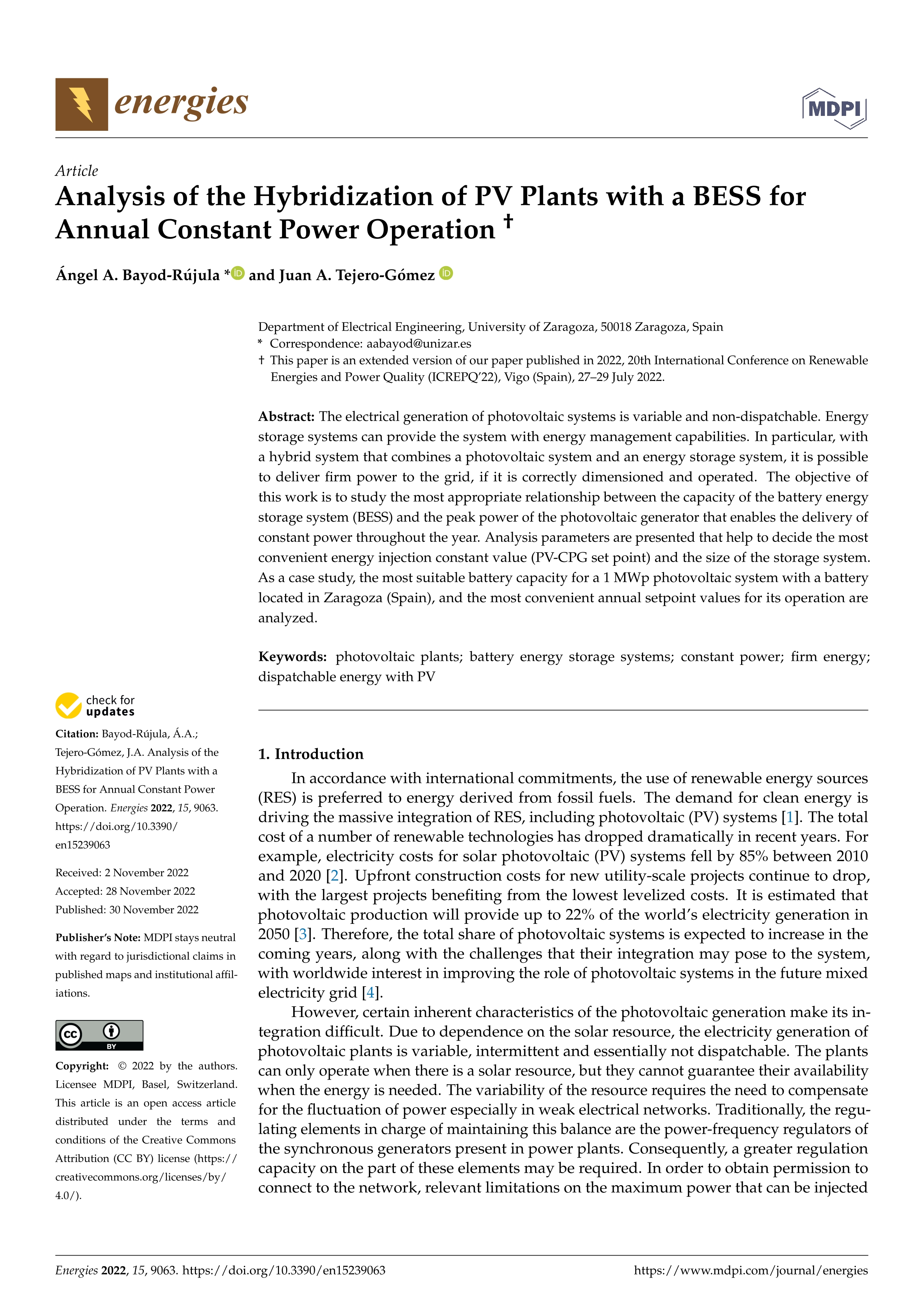 Analysis of the Hybridization of PV Plants with a BESS for Annual Constant Power Operation