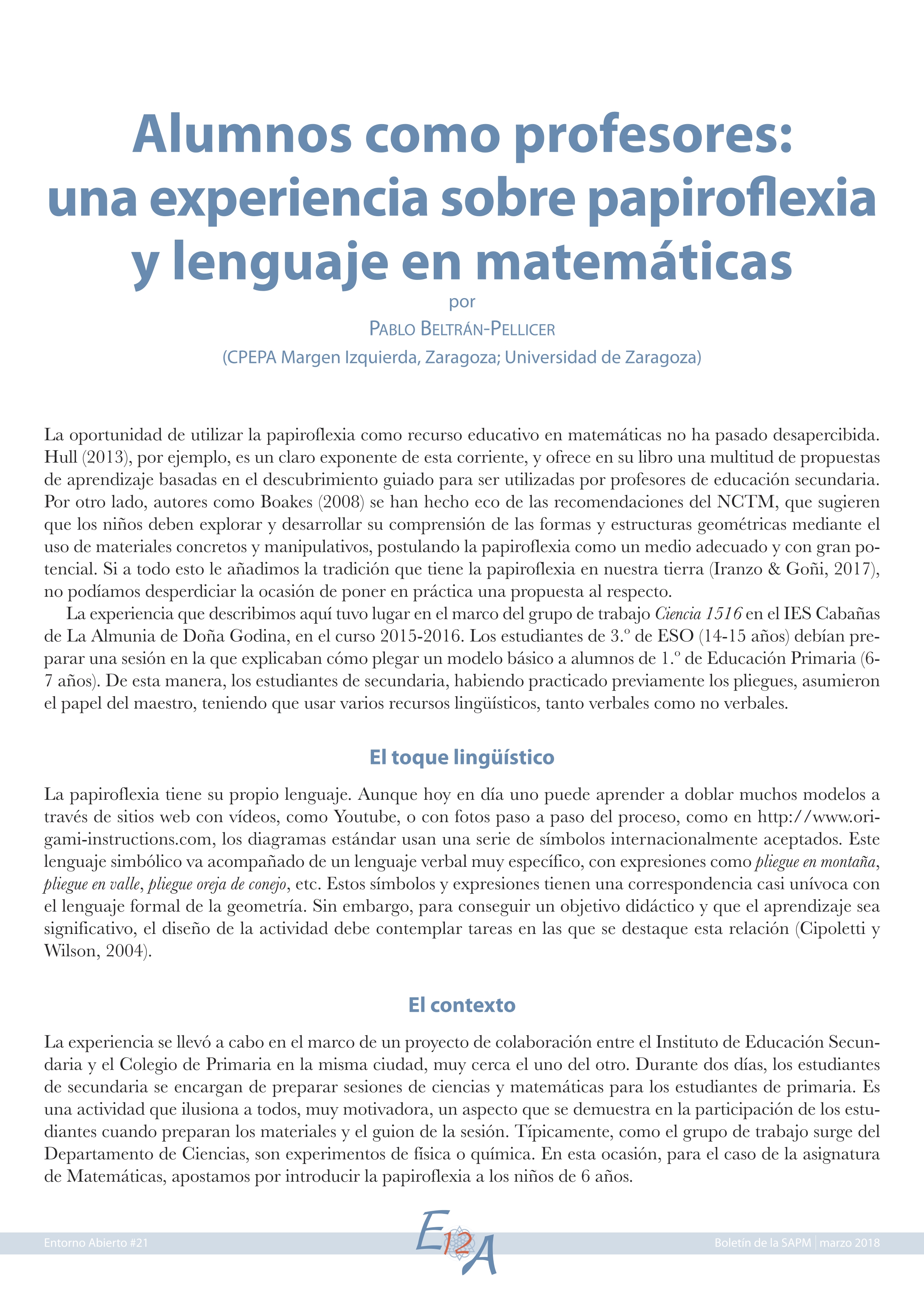 Alumnos como profesores: una experiencia sobre papiroflexia y lenguaje en matemáticas