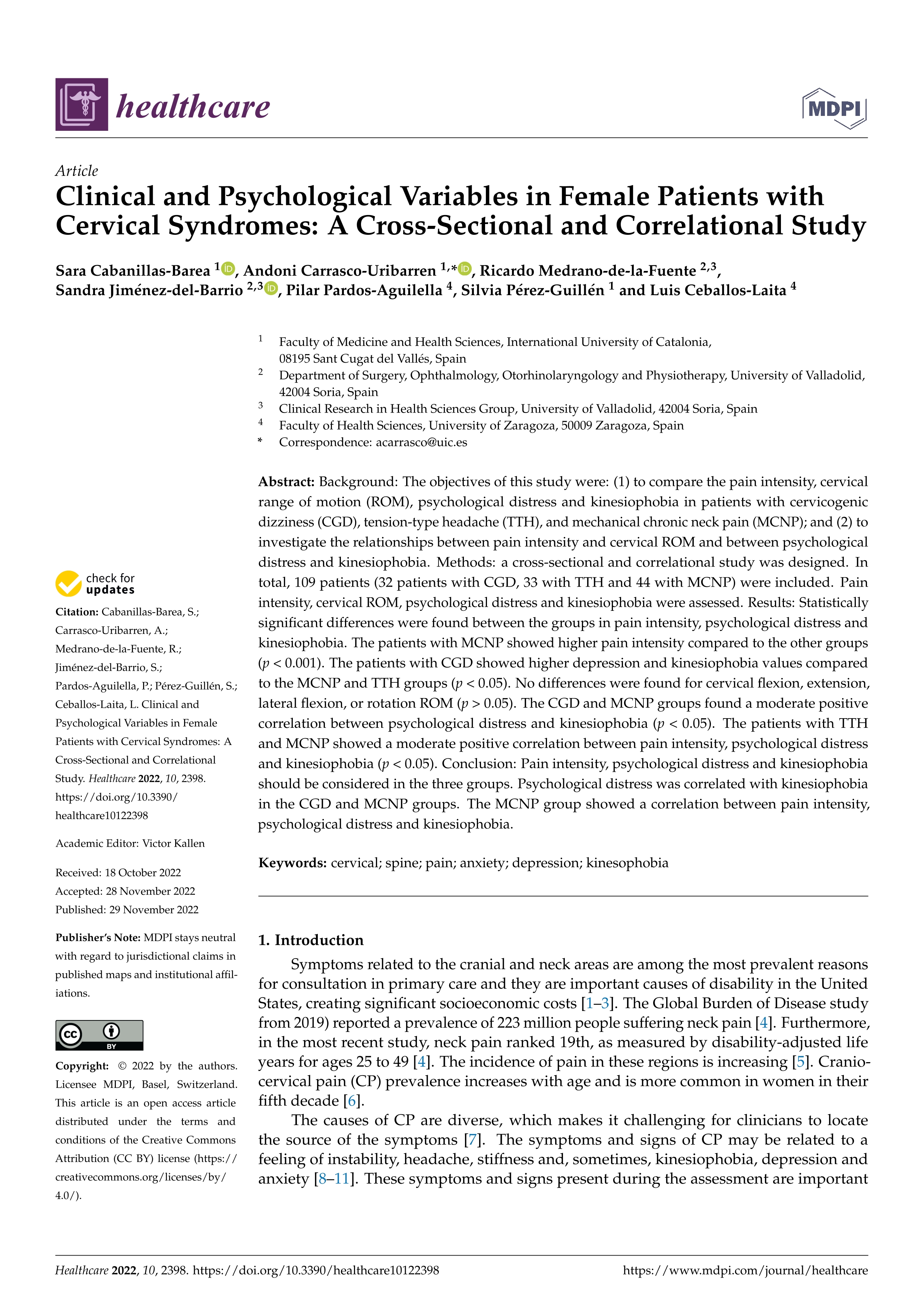 Clinical and Psychological Variables in Female Patients with Cervical Syndromes: A Cross-Sectional and Correlational Study