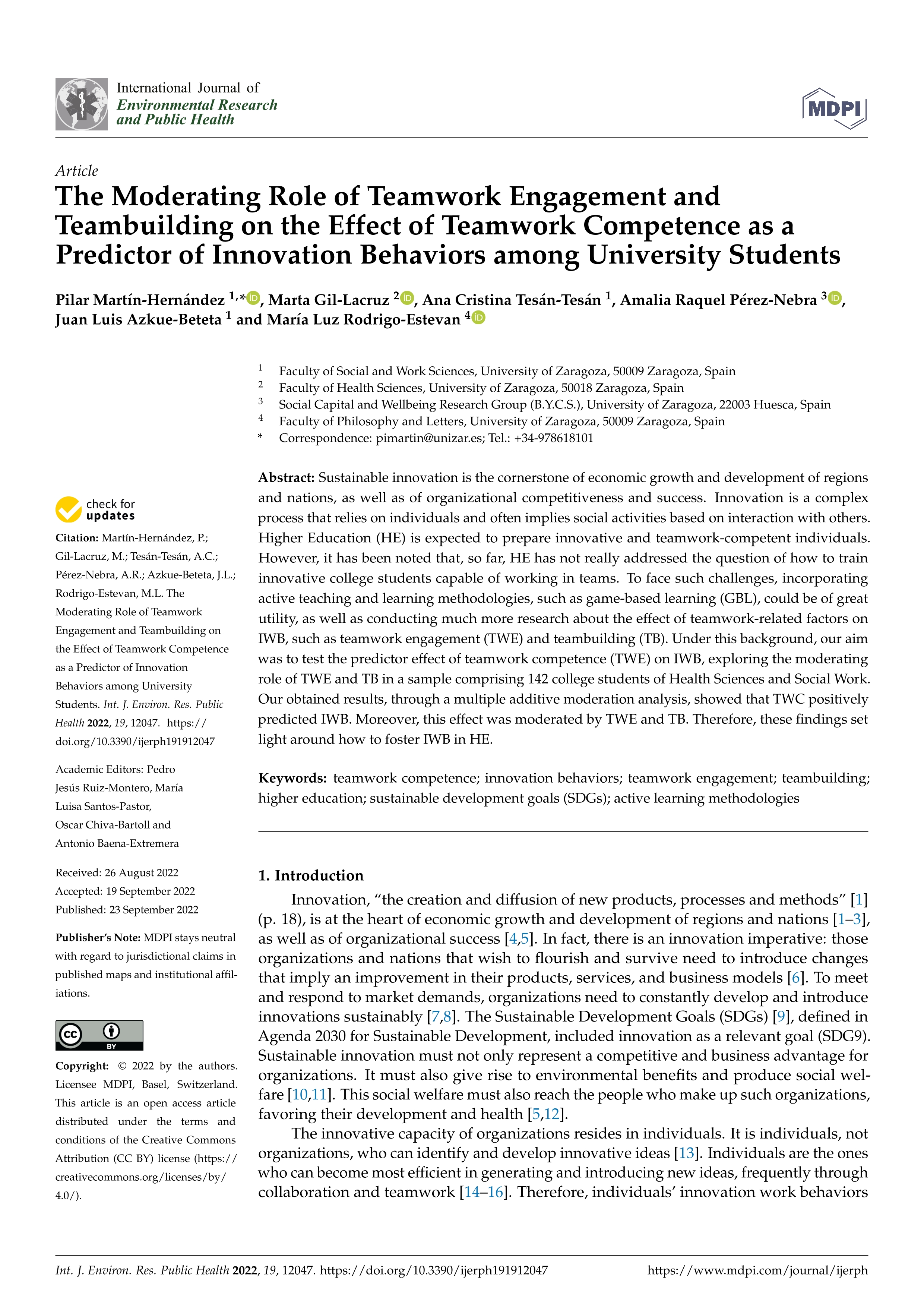 The Moderating Role of Teamwork Engagement and Teambuilding on the Effect of Teamwork Competence as a Predictor of Innovation Behaviors among University Students