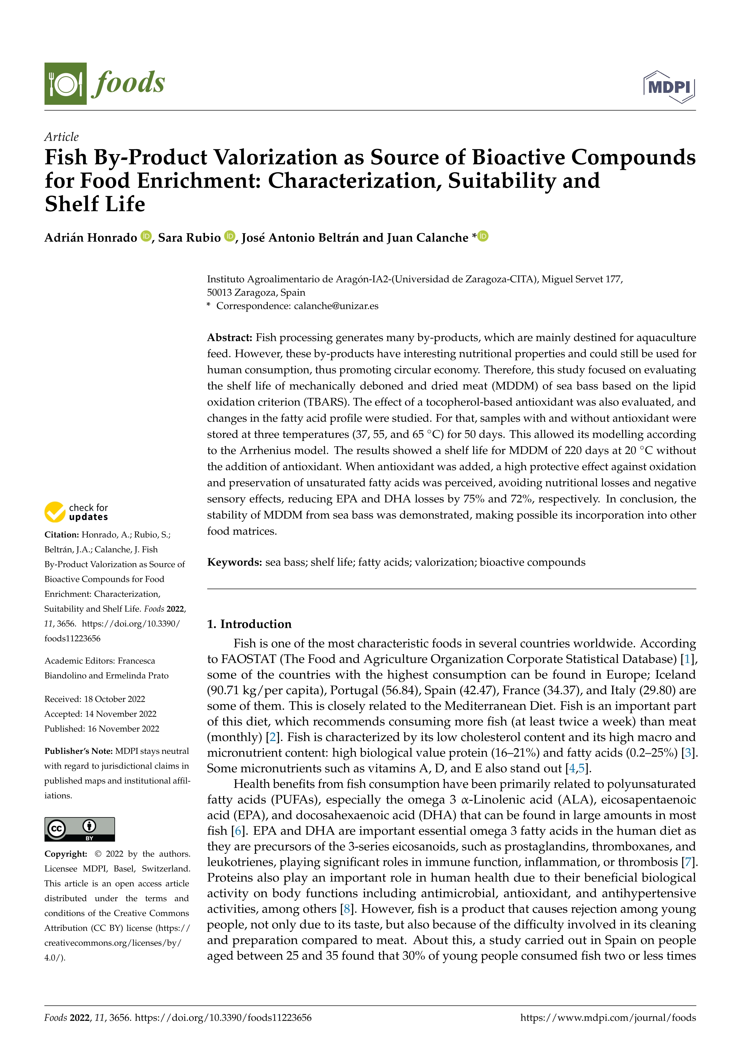 Fish By-Product Valorization as Source of Bioactive Compounds for Food Enrichment: Characterization, Suitability and Shelf Life