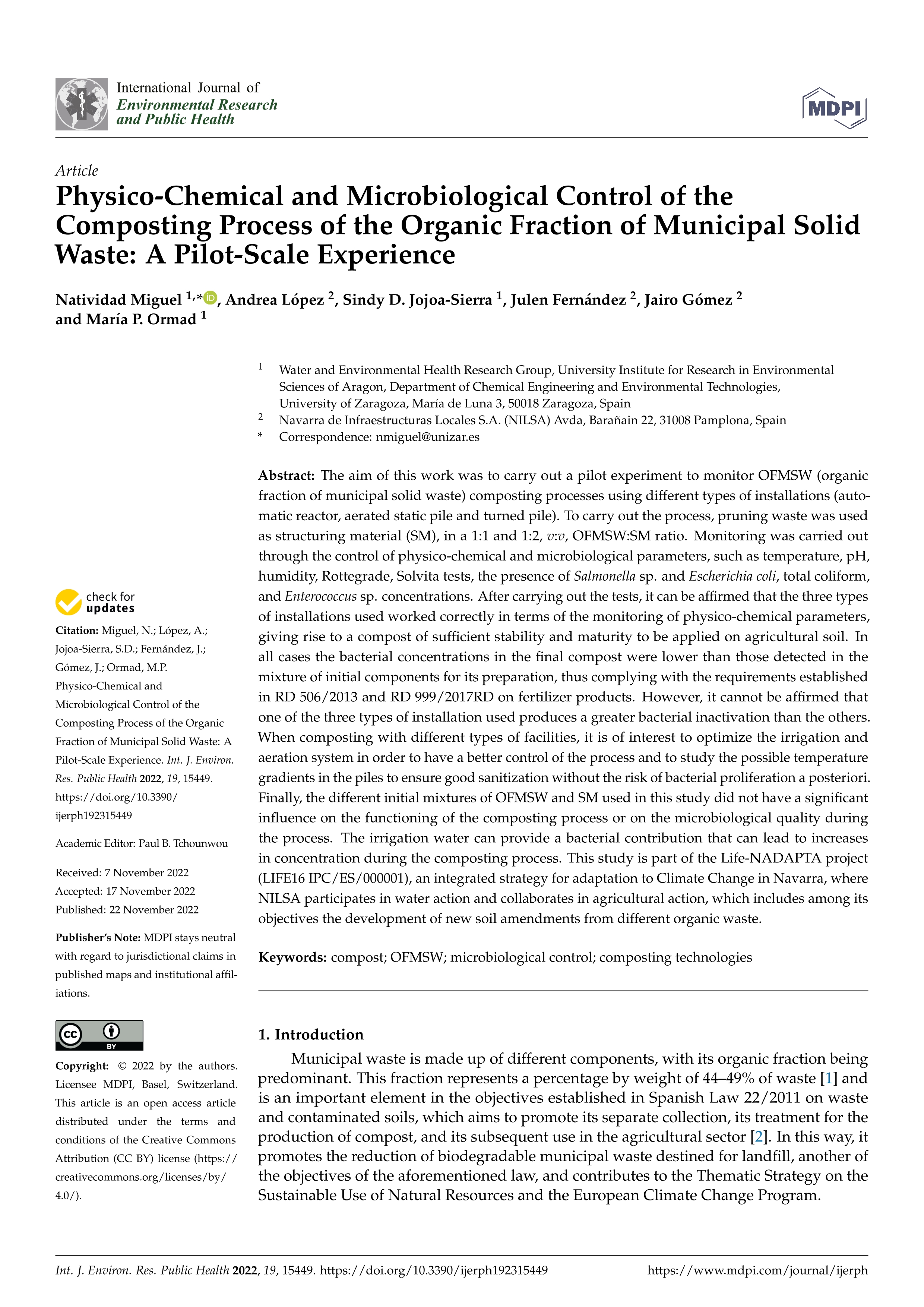 Physico-Chemical and Microbiological Control of the Composting Process of the Organic Fraction of Municipal Solid Waste: A Pilot-Scale Experience