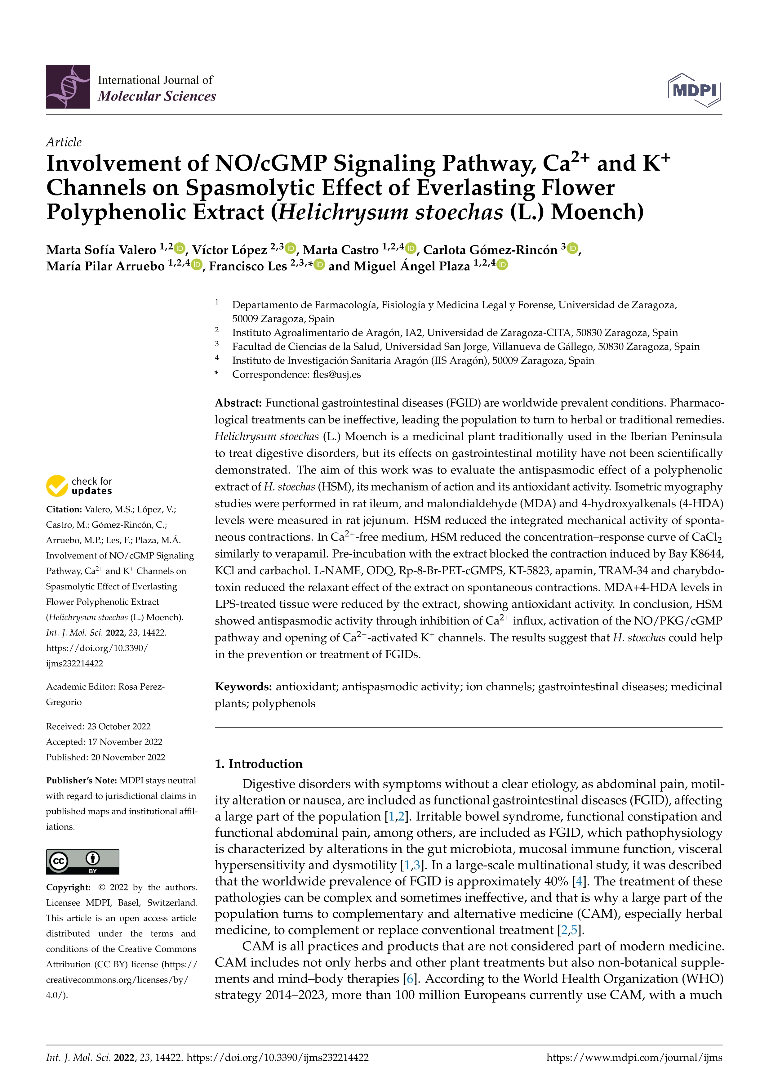 Involvement of NO/cGMP Signaling Pathway, Ca2+ and K+ Channels on Spasmolytic Effect of Everlasting Flower Polyphenolic Extract (Helichrysum stoechas (L.) Moench)