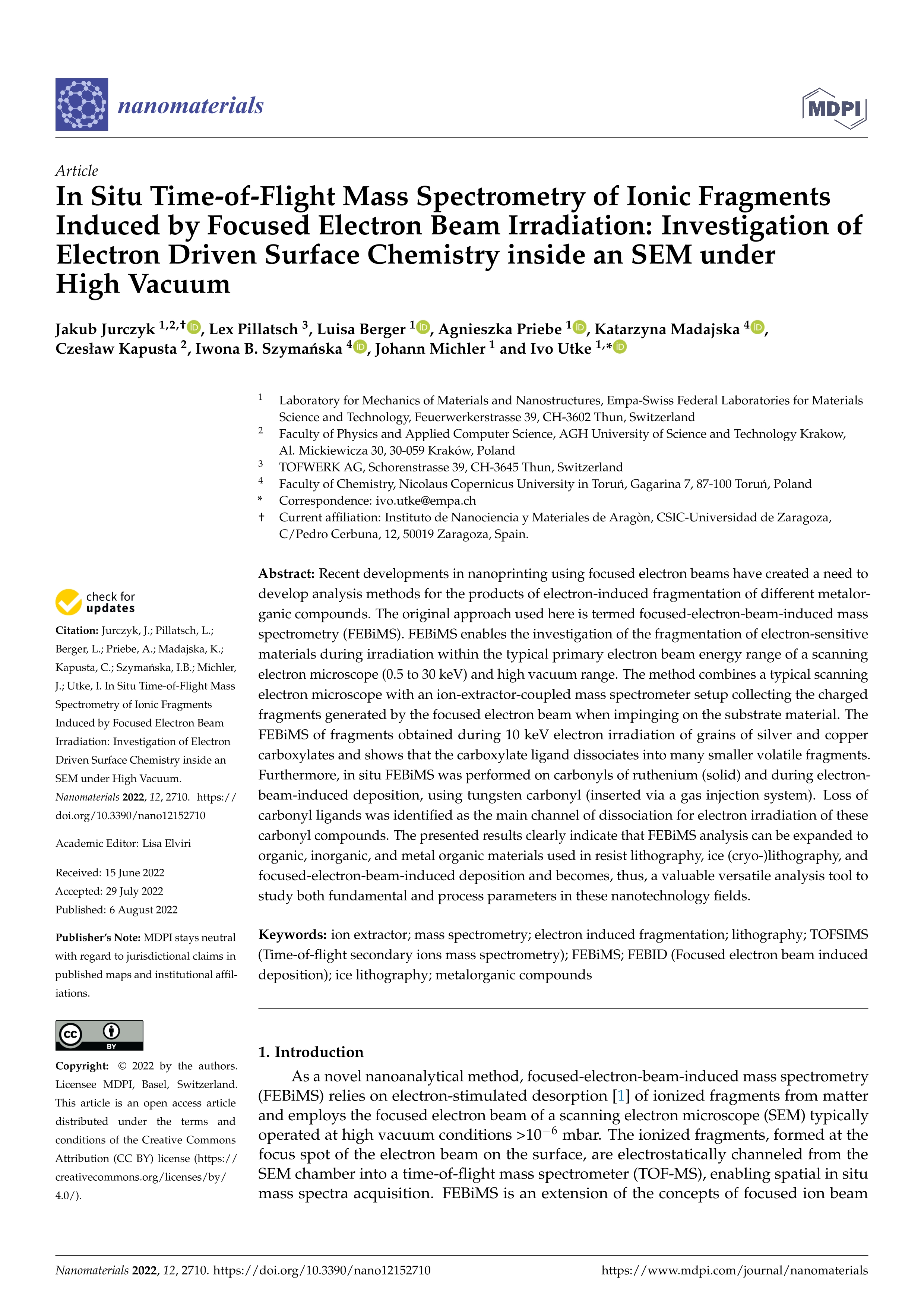 In Situ Time-of-Flight Mass Spectrometry of Ionic Fragments Induced by Focused Electron Beam Irradiation: Investigation of Electron Driven Surface Chemistry inside an SEM under High Vacuum