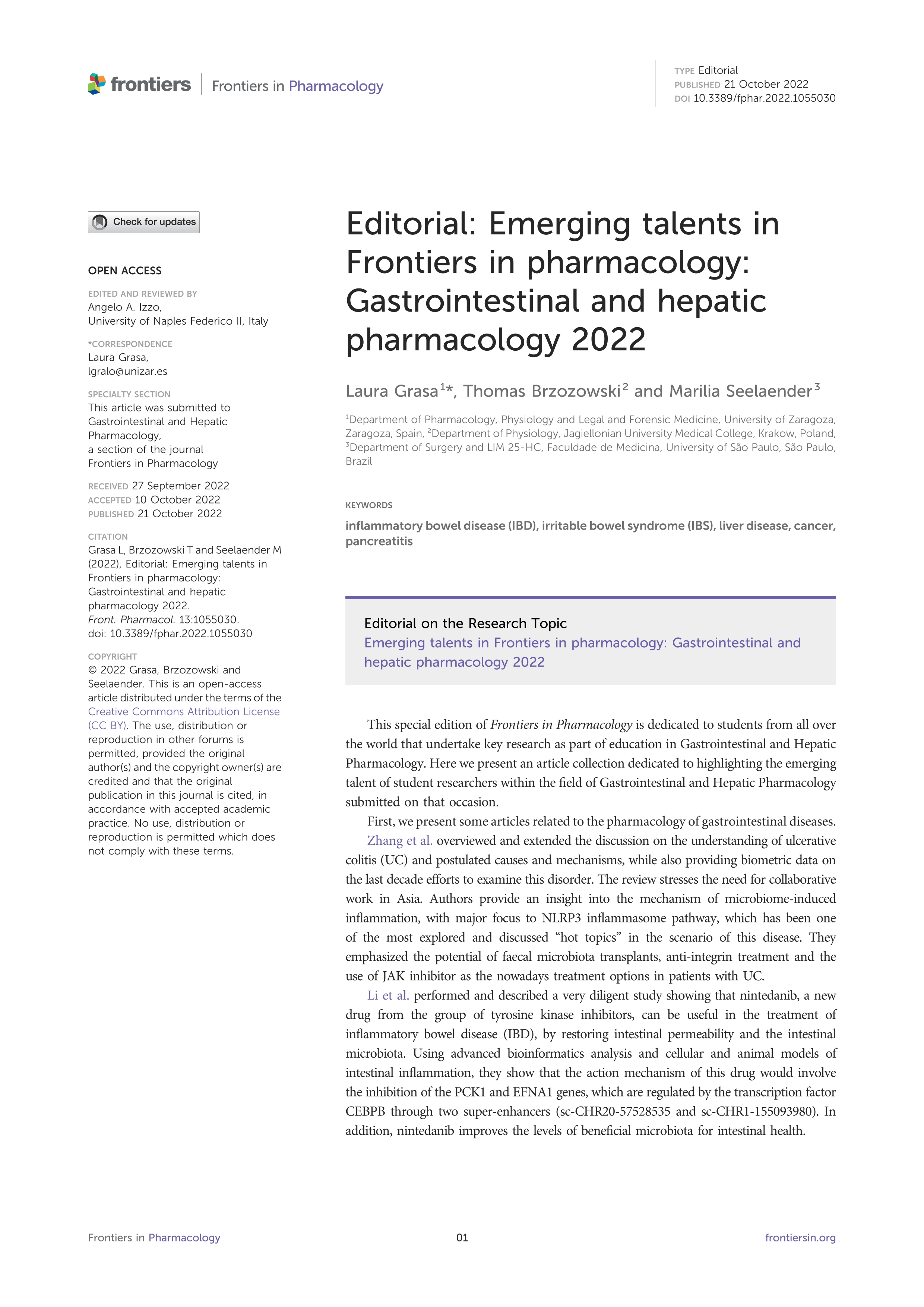 Editorial: emerging talents in frontiers in pharmacology: gastrointestinal and hepatic pharmacology 2022