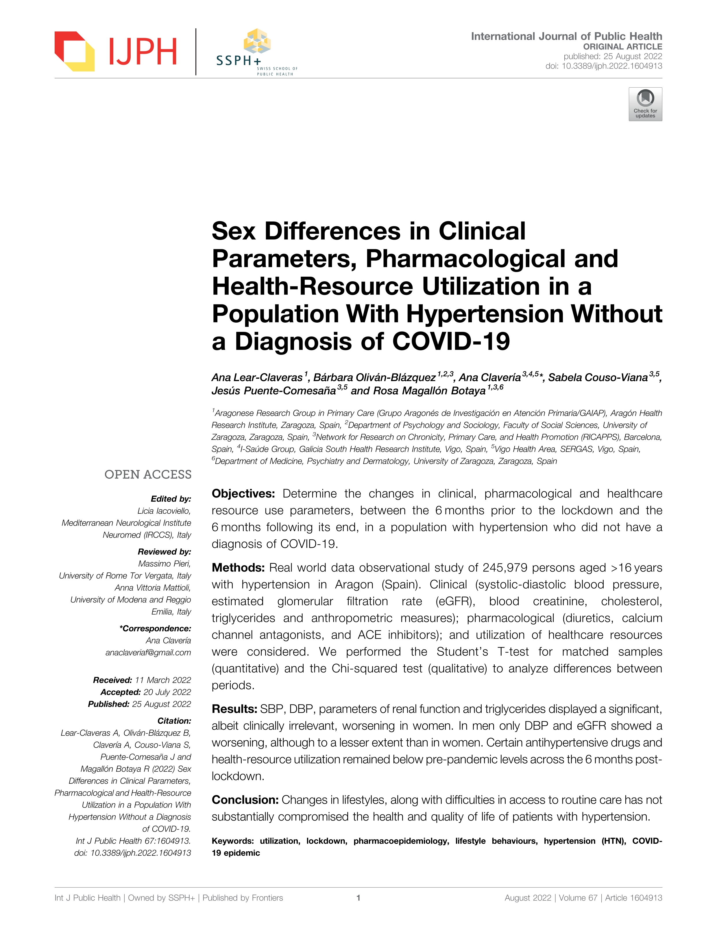 Sex Differences in Clinical Parameters, Pharmacological and Health-Resource Utilization in a Population With Hypertension Without a Diagnosis of COVID-19