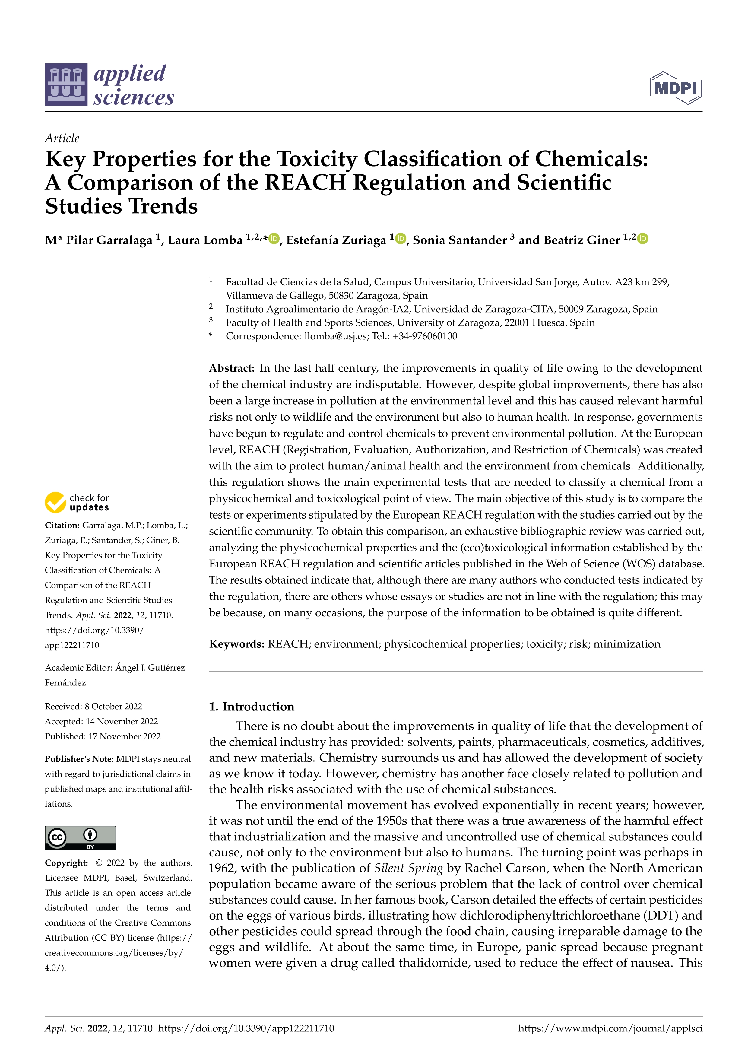 Key Properties for the Toxicity Classification of Chemicals: A Comparison of the REACH Regulation and Scientific Studies Trends