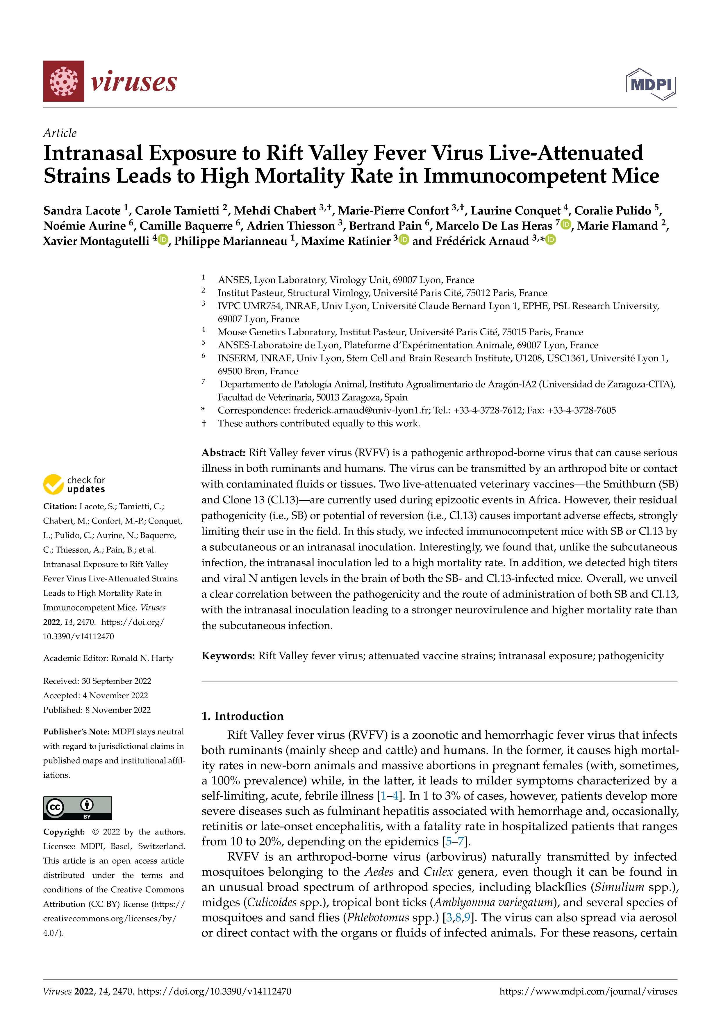 Intranasal Exposure to Rift Valley Fever Virus Live-Attenuated Strains Leads to High Mortality Rate in Immunocompetent Mice