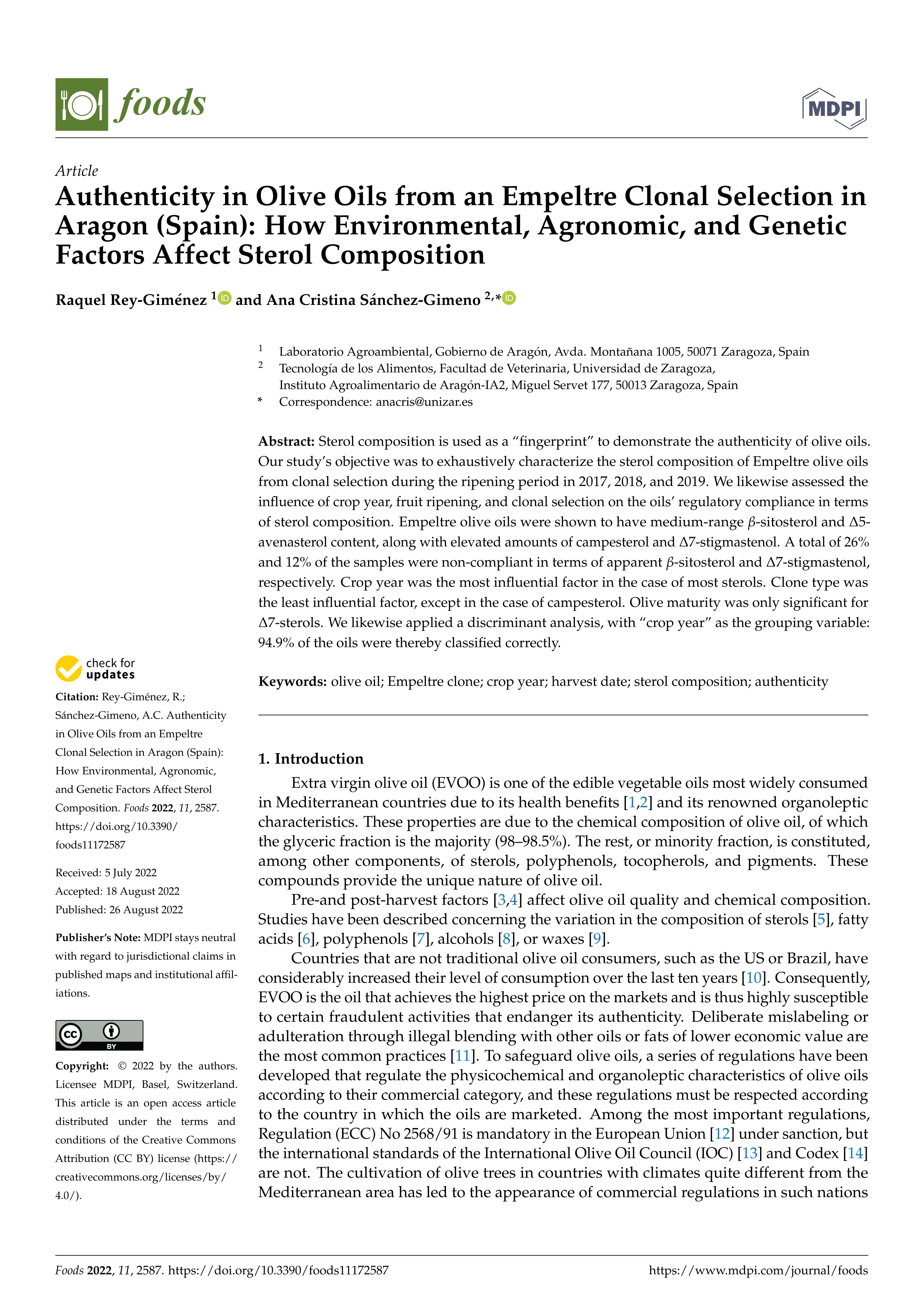 Authenticity in Olive Oils from an Empeltre Clonal Selection in Aragon (Spain): How Environmental, Agronomic, and Genetic Factors Affect Sterol Composition