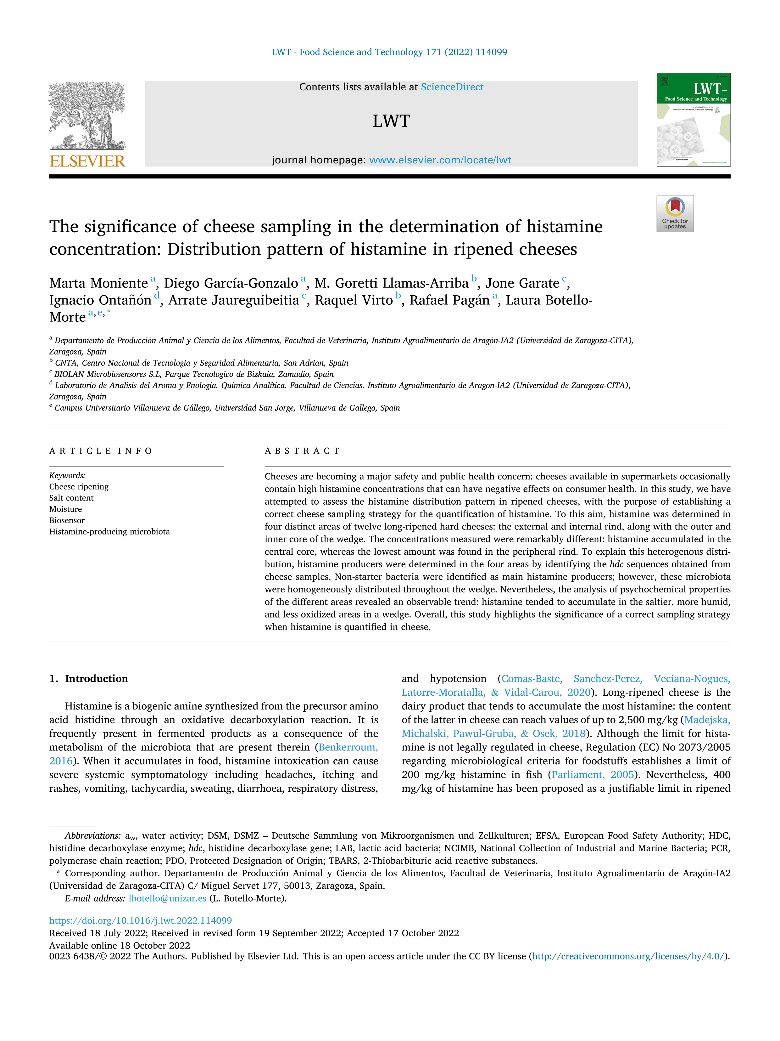 The significance of cheese sampling in the determination of histamine concentration: Distribution pattern of histamine in ripened cheeses