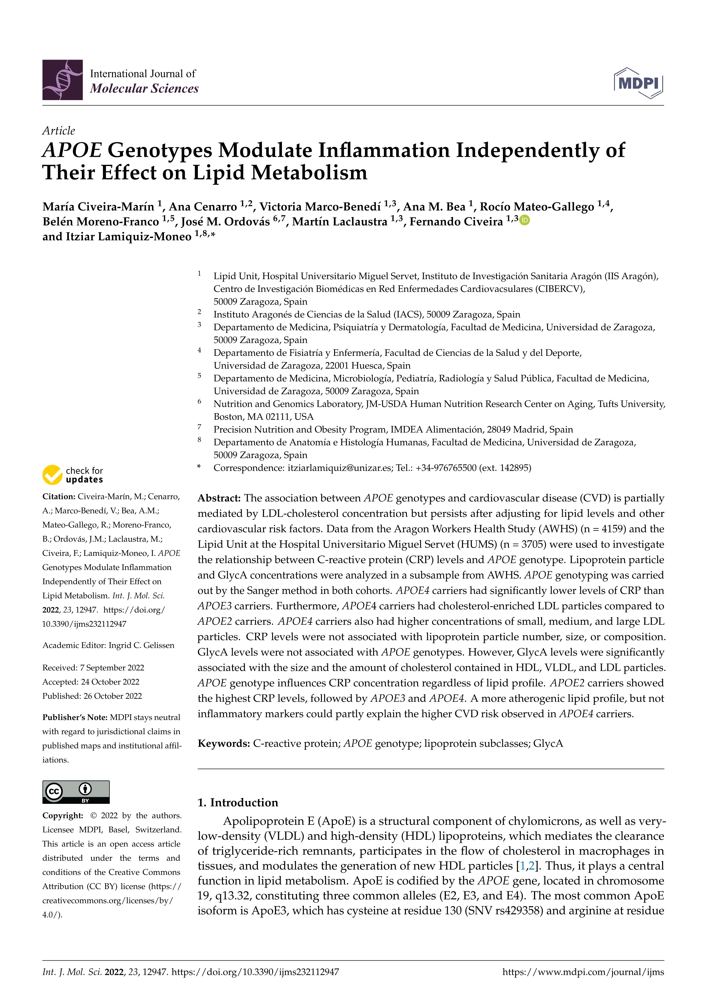 APOE genotypes modulate inflammation independently of their effect on lipid metabolism