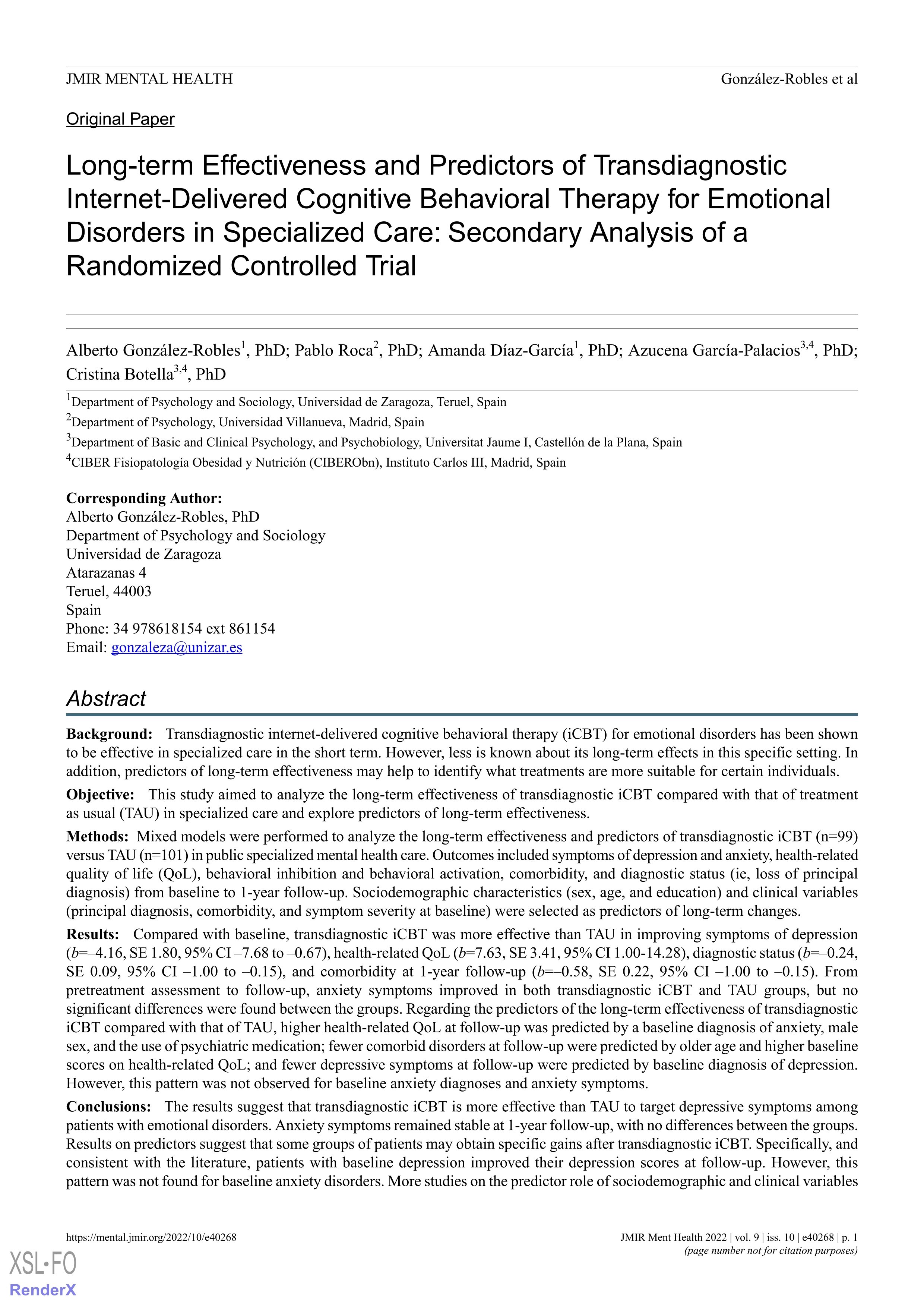 Long-term effectiveness and predictors of transdiagnostic internet-delivered cognitive behavioral therapy for emotional disorders in specialized care: secondary analysis of a randomized controlled trial