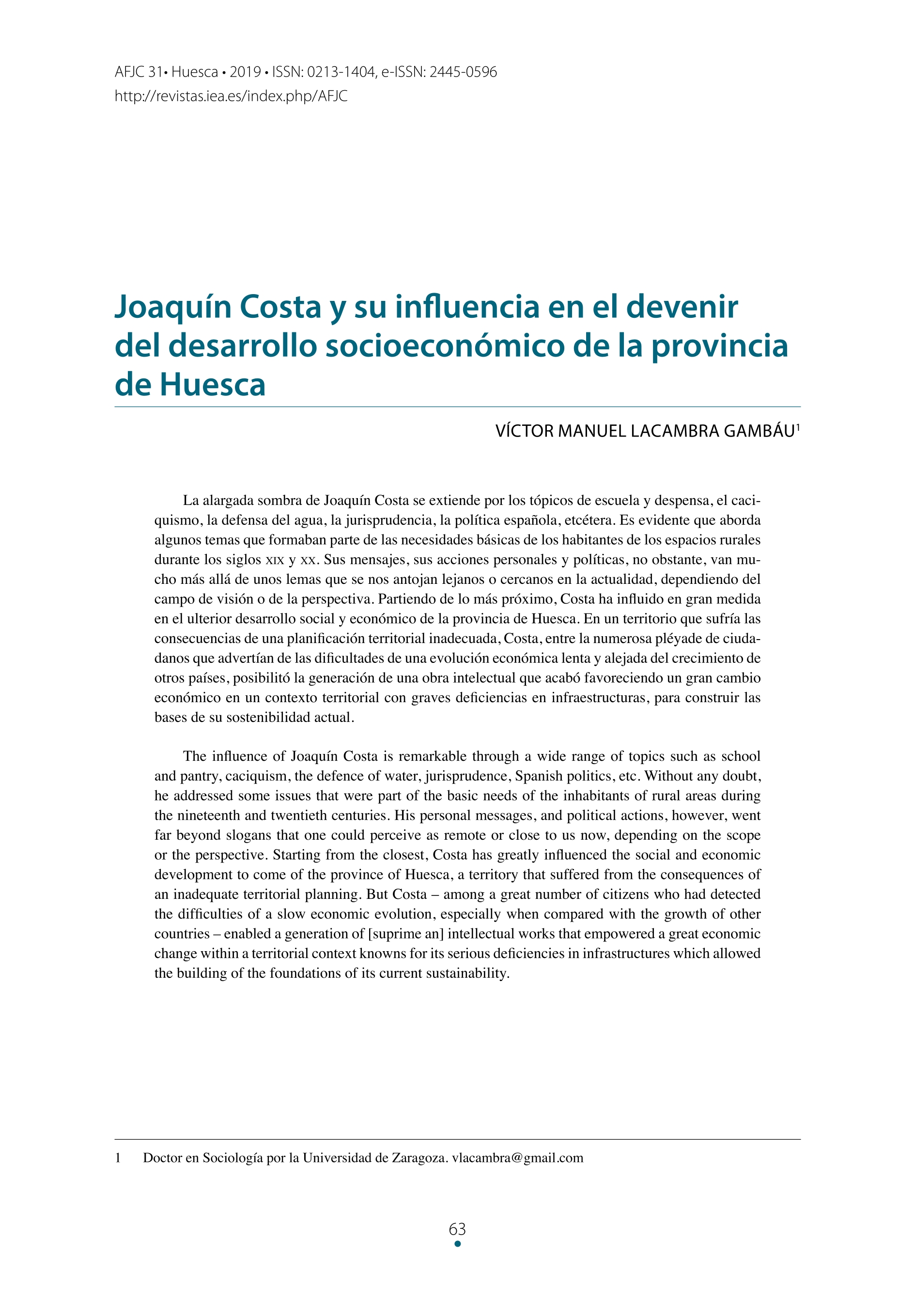 Joaquín Costa y su influencia en el devenir del desarrollo socioeconómico de la provincia de Huesca