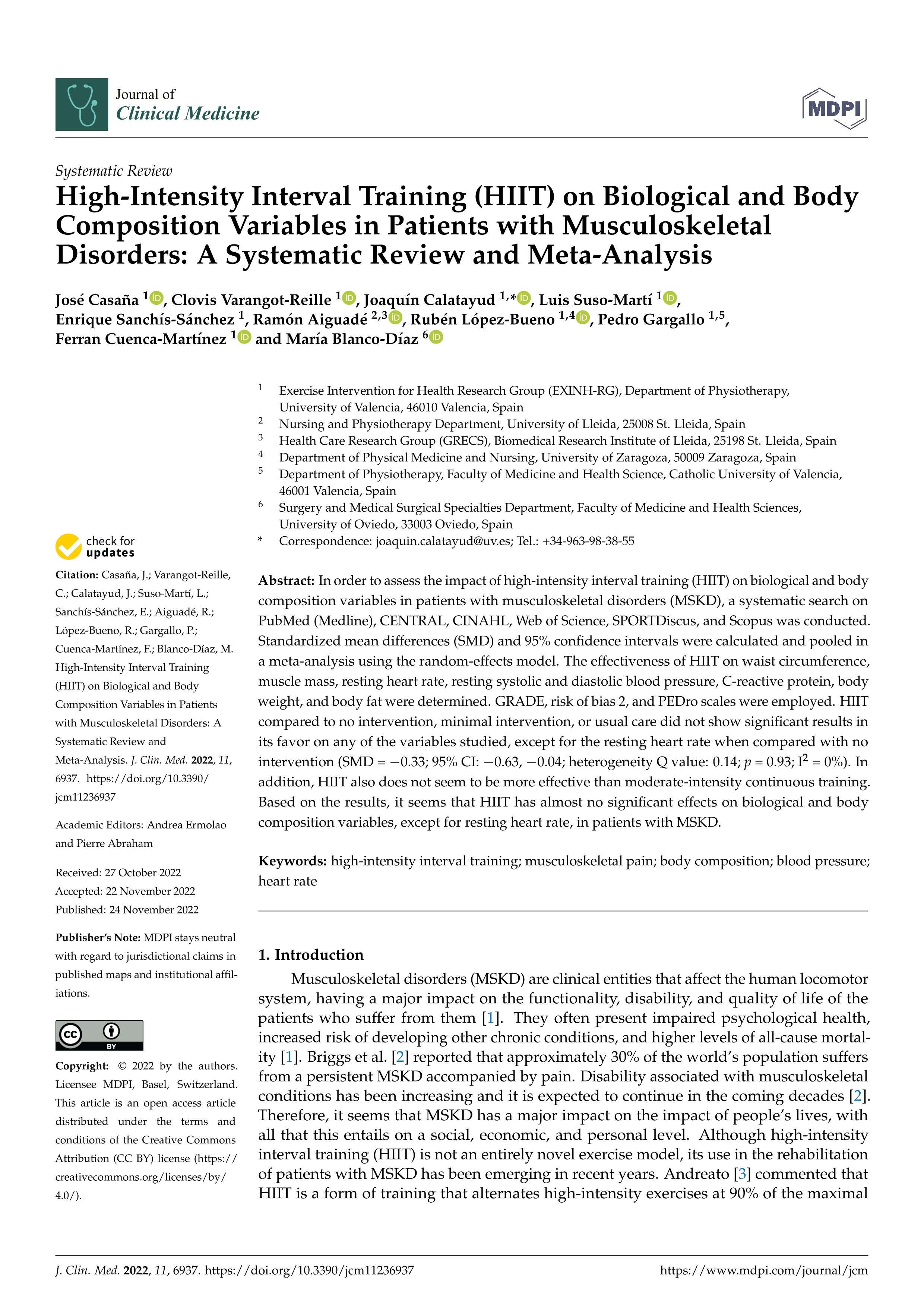 High-Intensity Interval Training (HIIT) on Biological and Body Composition Variables in Patients with Musculoskeletal Disorders: A Systematic Review and Meta-Analysis