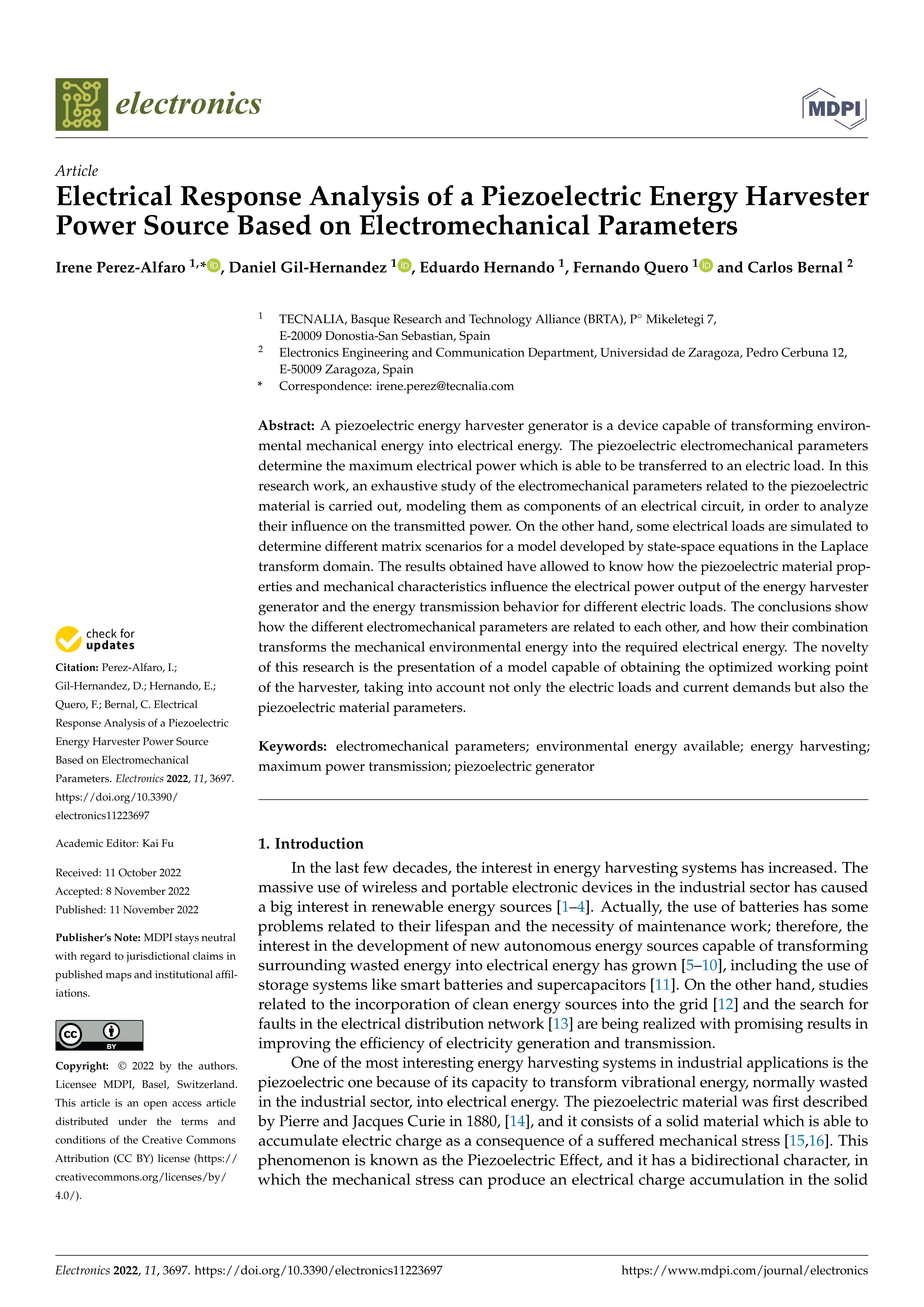 Electrical Response Analysis of a Piezoelectric Energy Harvester Power Source Based on Electromechanical Parameters