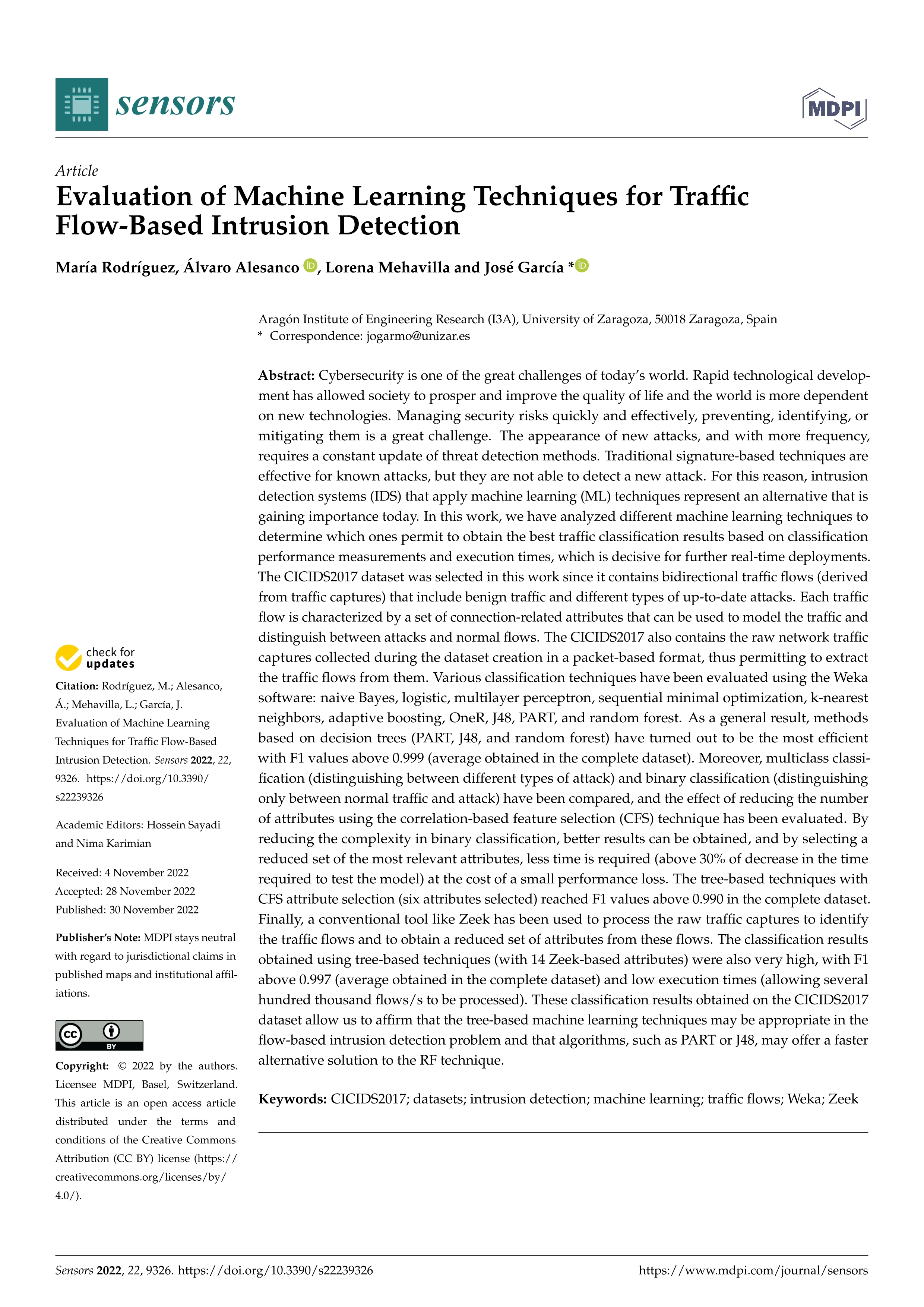 Evaluation of Machine Learning Techniques for Traffic Flow-Based Intrusion Detection