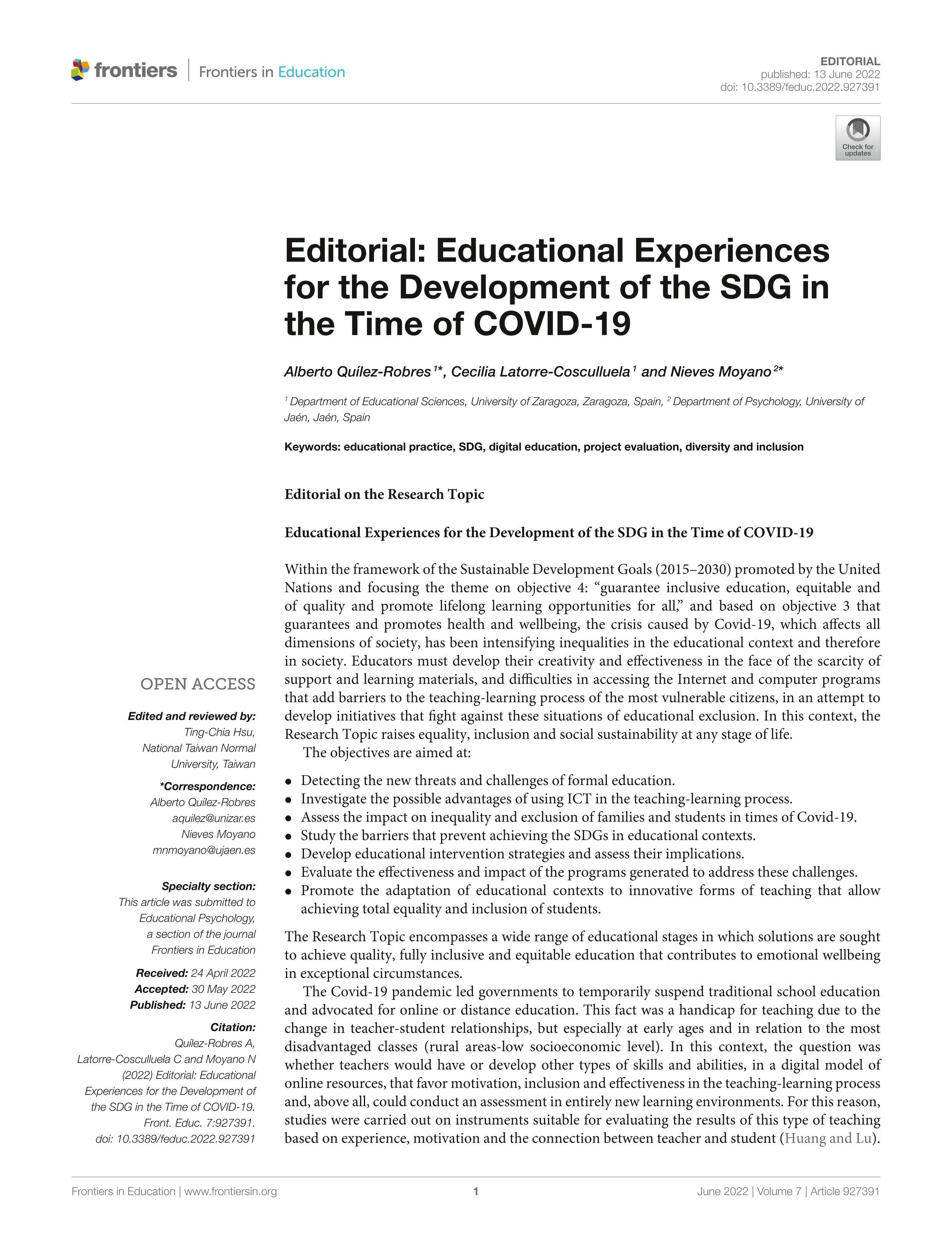 Editorial: Educational Experiences for the Development of the SDG in the Time of COVID-19