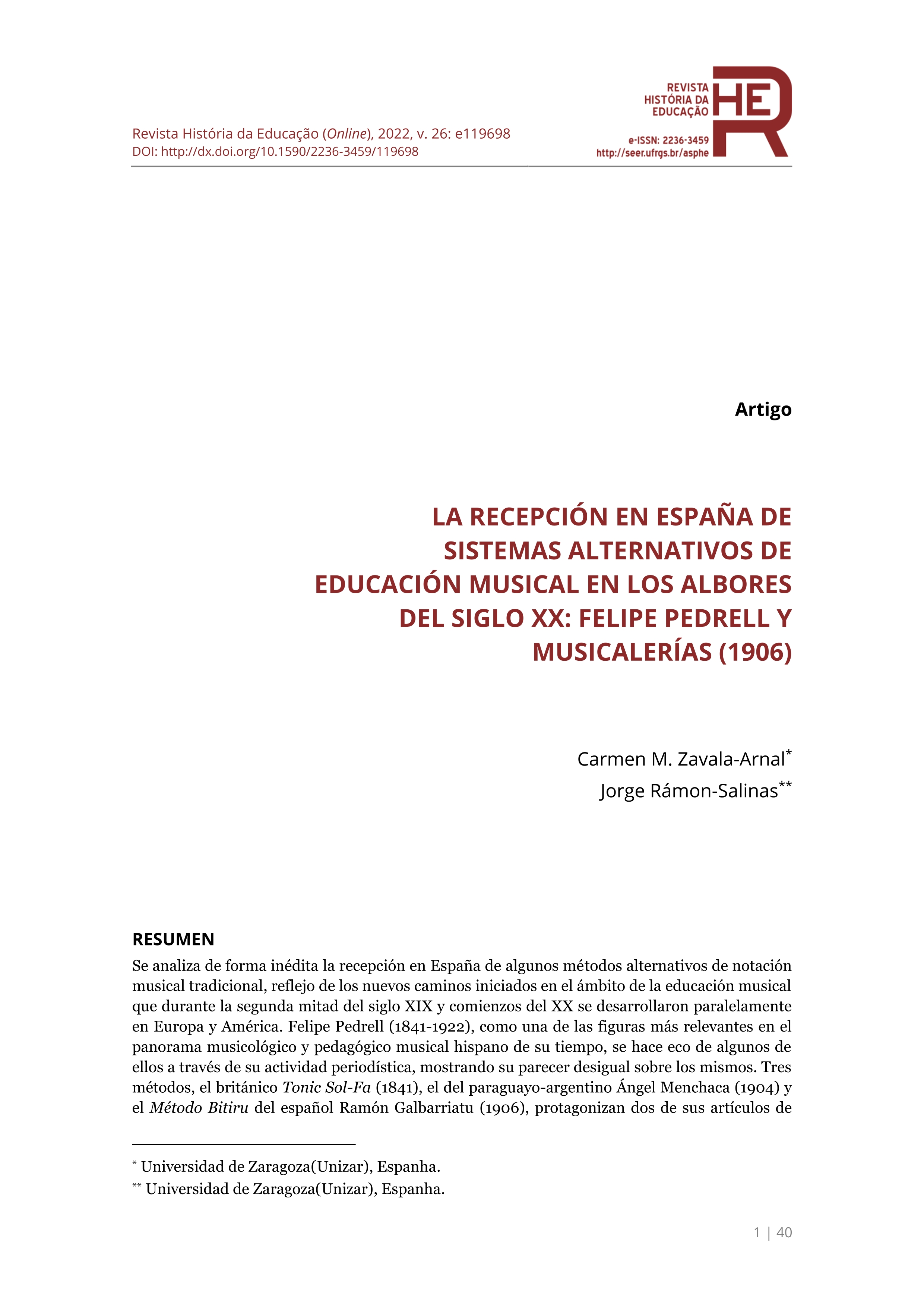 La recepción en España de sistemas alternativos de educación musical en los albores del siglo XX: Felipe Pedrell y Musicalerías (1906)