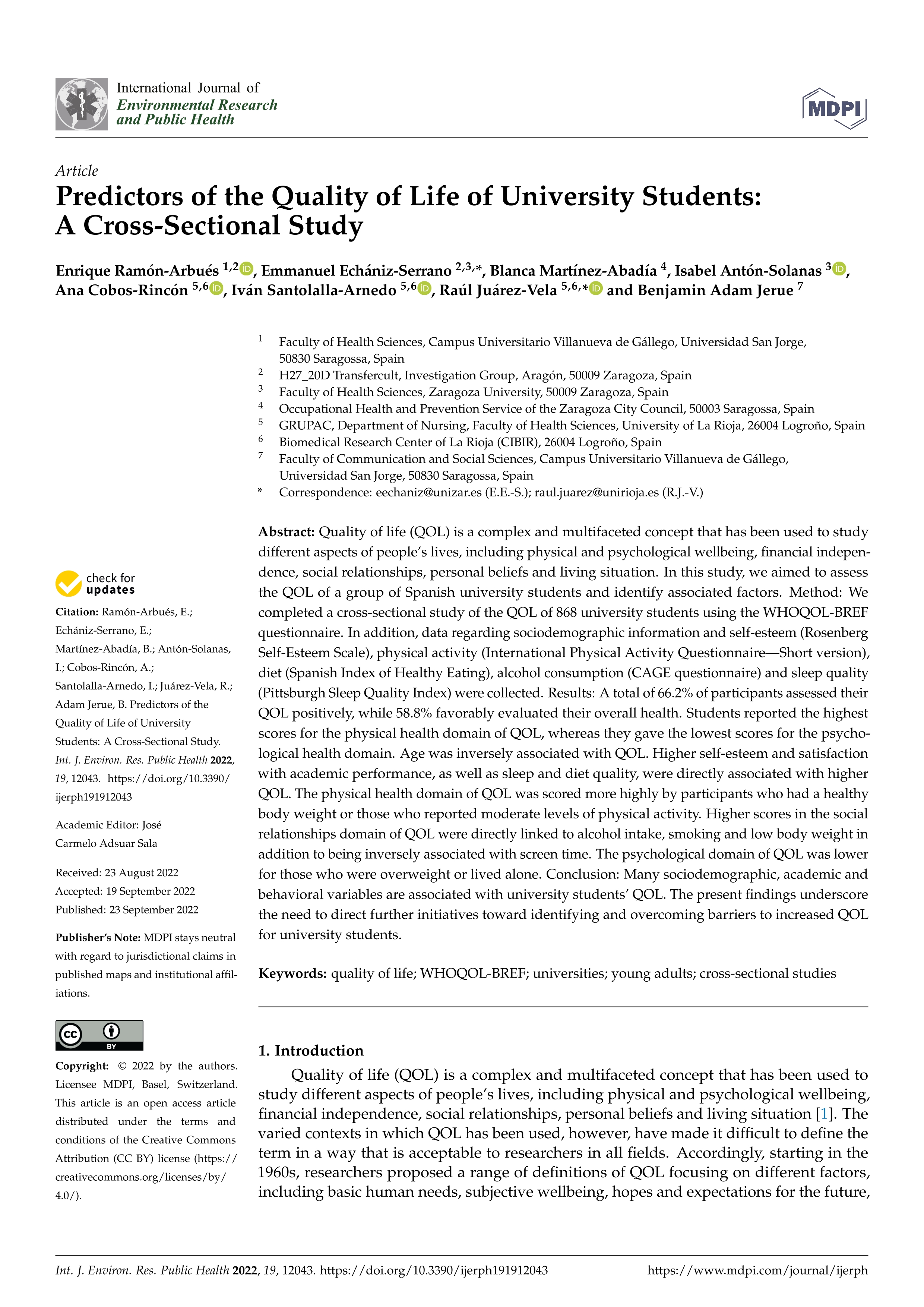 Predictors of the Quality of Life of University Students: A Cross-Sectional Study