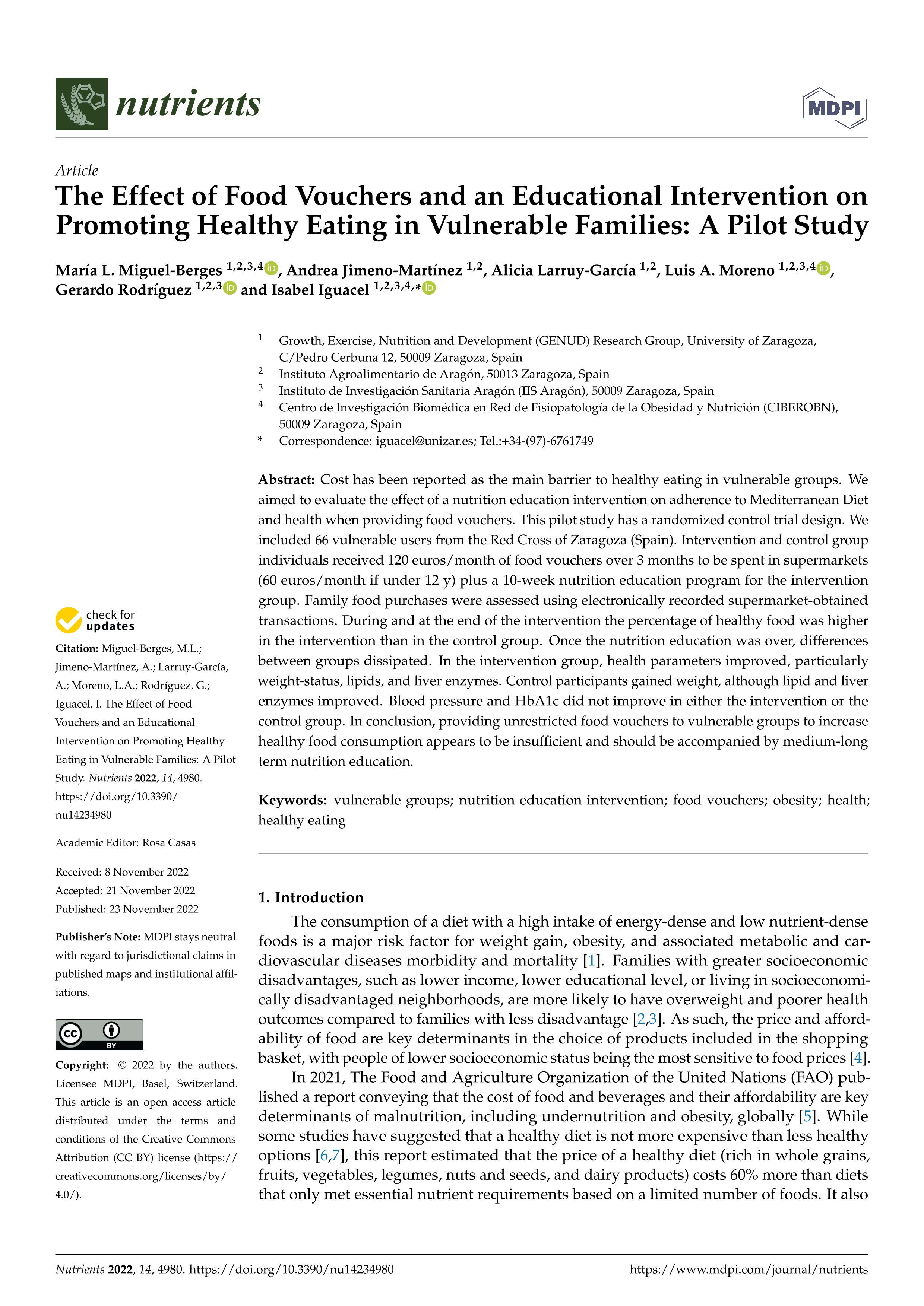 The Effect of Food Vouchers and an Educational Intervention on Promoting Healthy Eating in Vulnerable Families: A Pilot Study