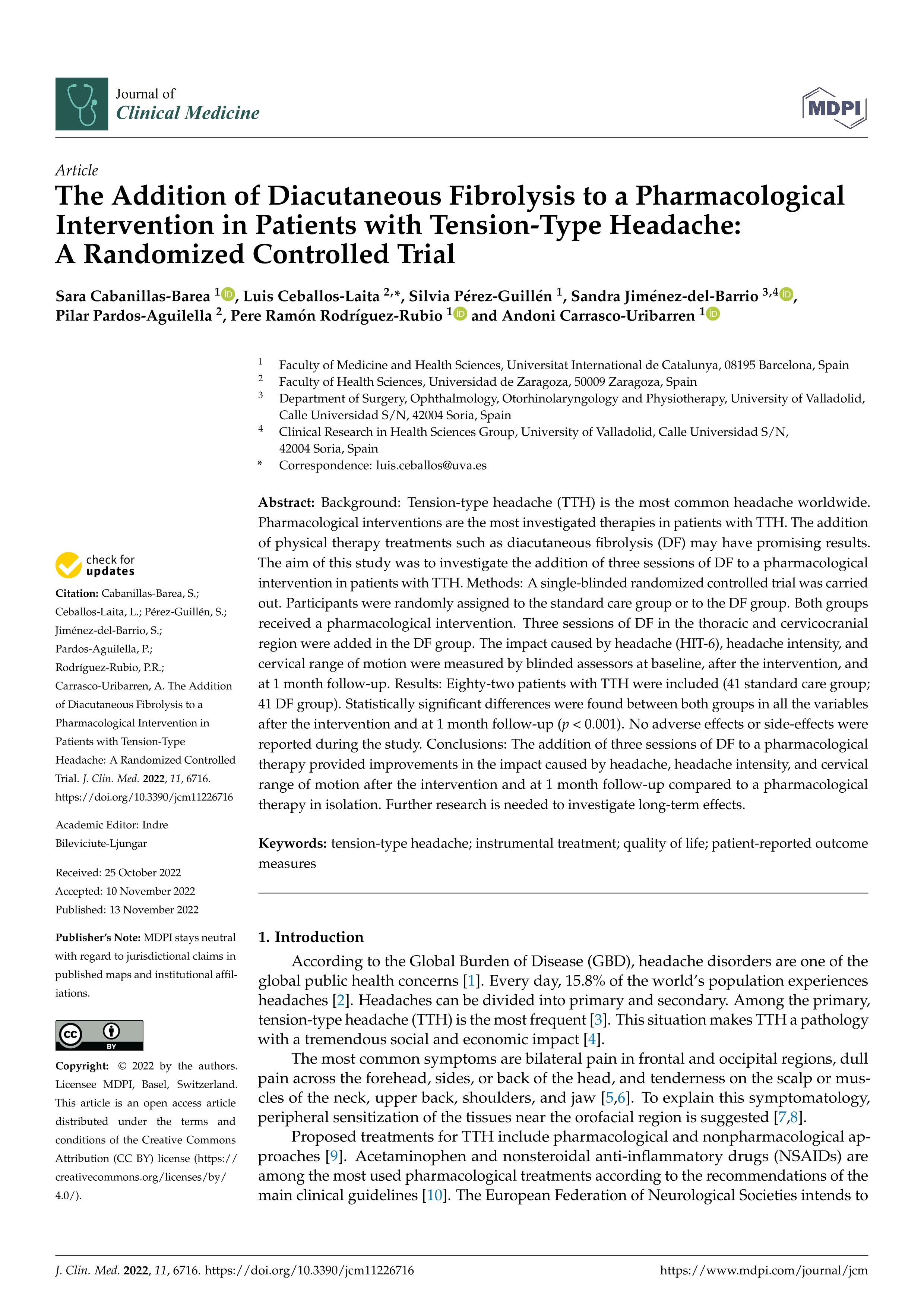 The Addition of Diacutaneous Fibrolysis to a Pharmacological Intervention in Patients with Tension-Type Headache: A Randomized Controlled Trial