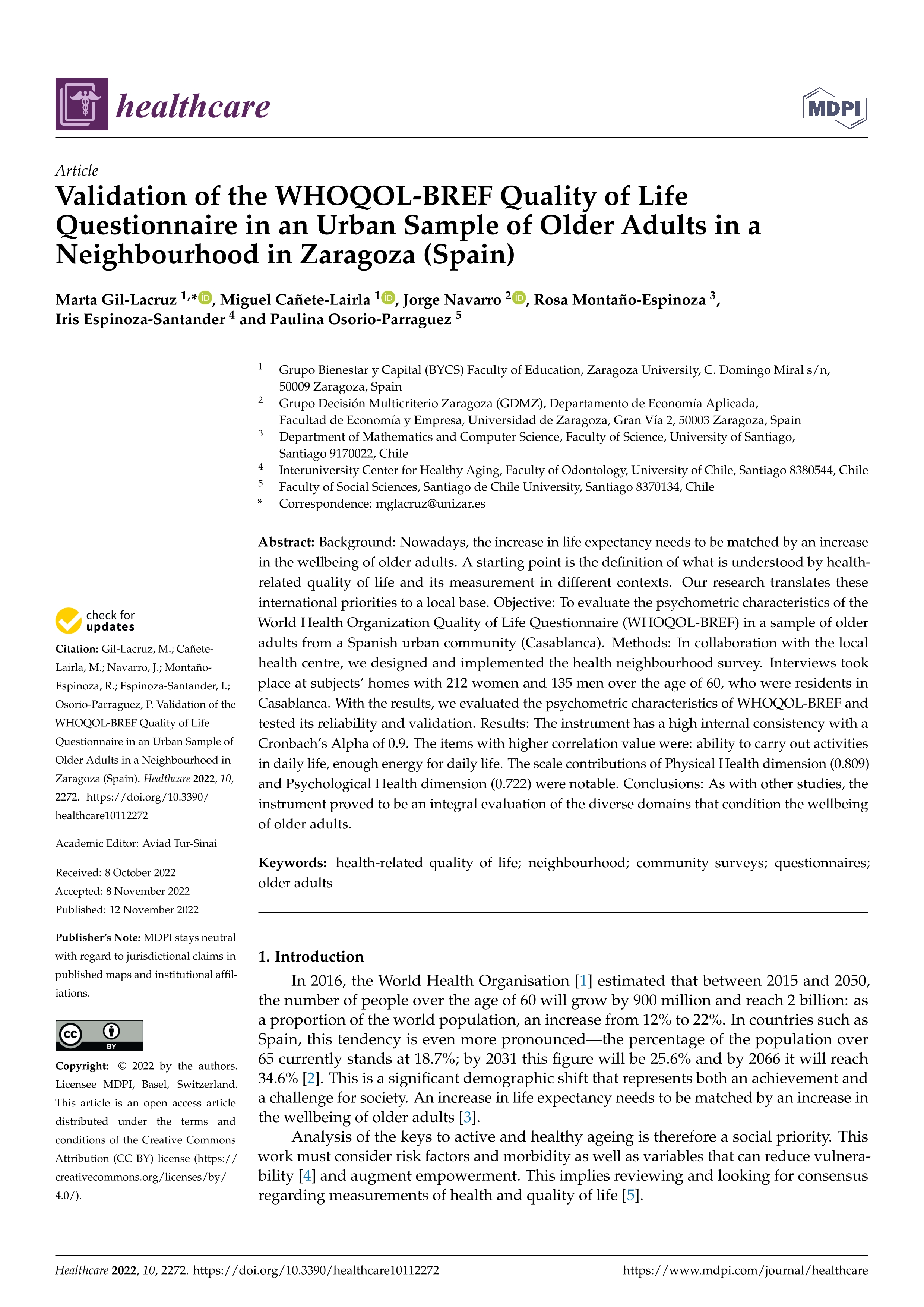 Validation of theWHOQOL-BREF quality of life questionnaire in an urban sample of older adults in a neighbourhood in zaragoza (spain)
