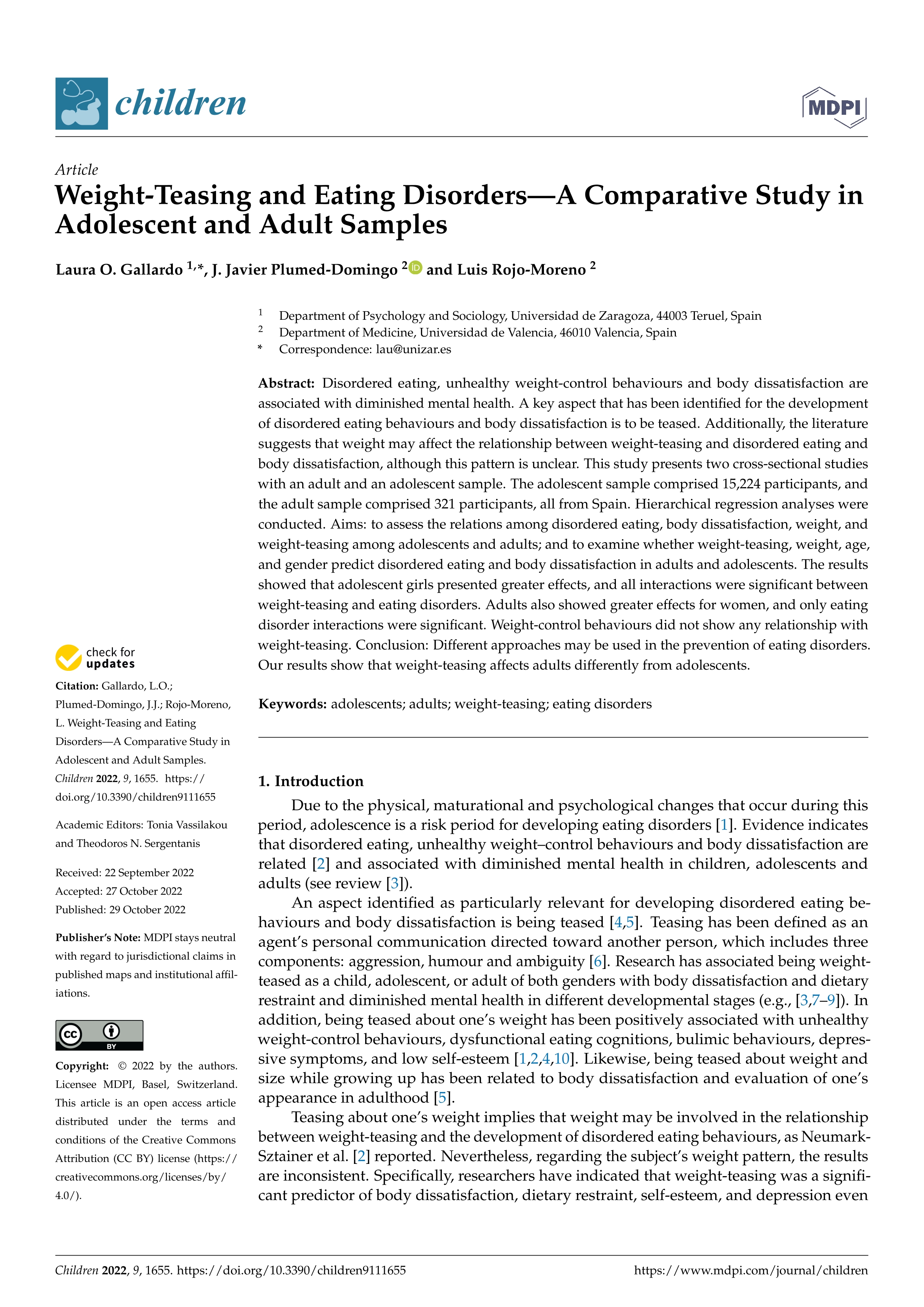 Weight-teasing and eating disorders-a comparative study in adolescent and adult samples