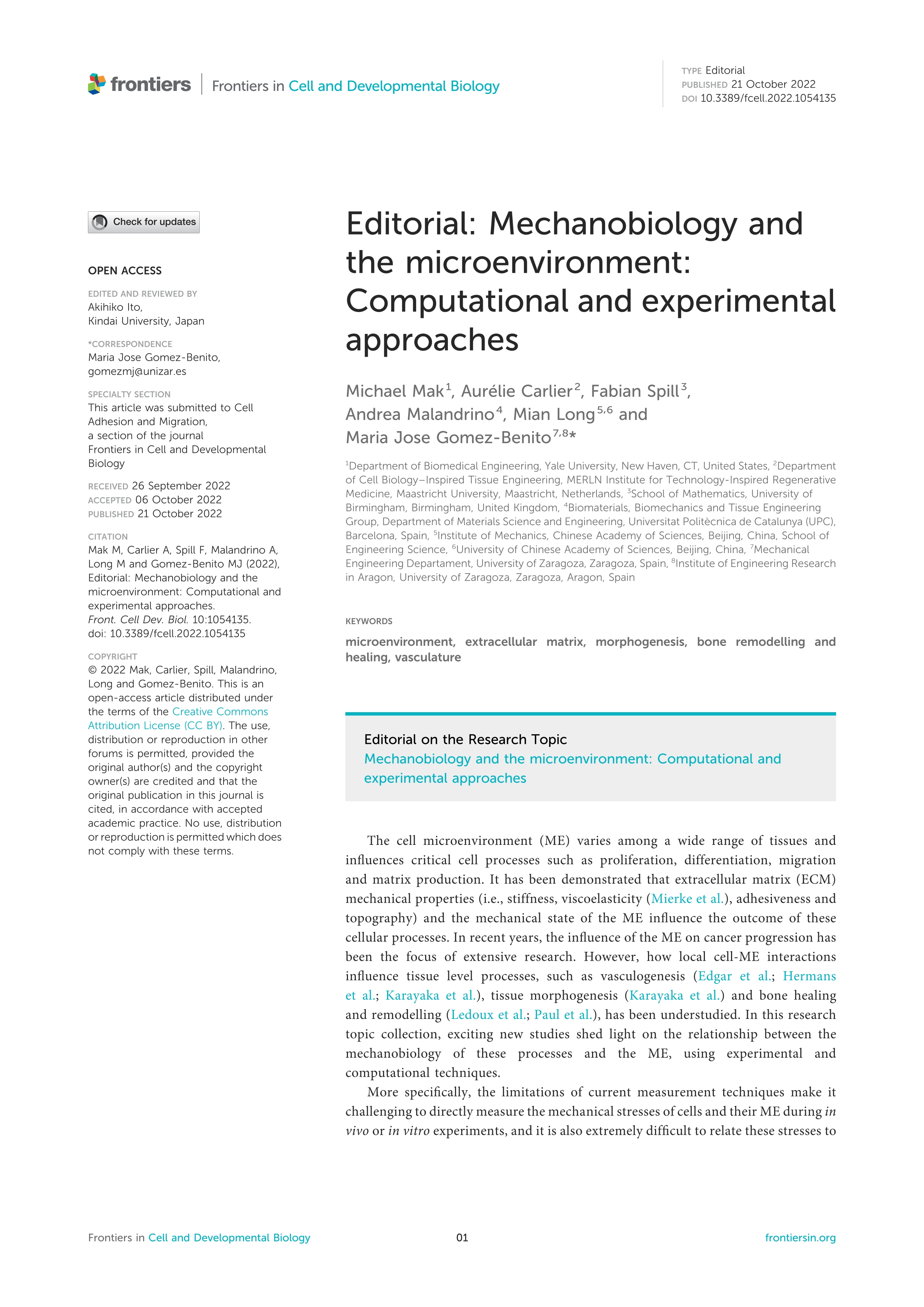 Editorial: Mechanobiology and the microenvironment: Computational and experimental approaches