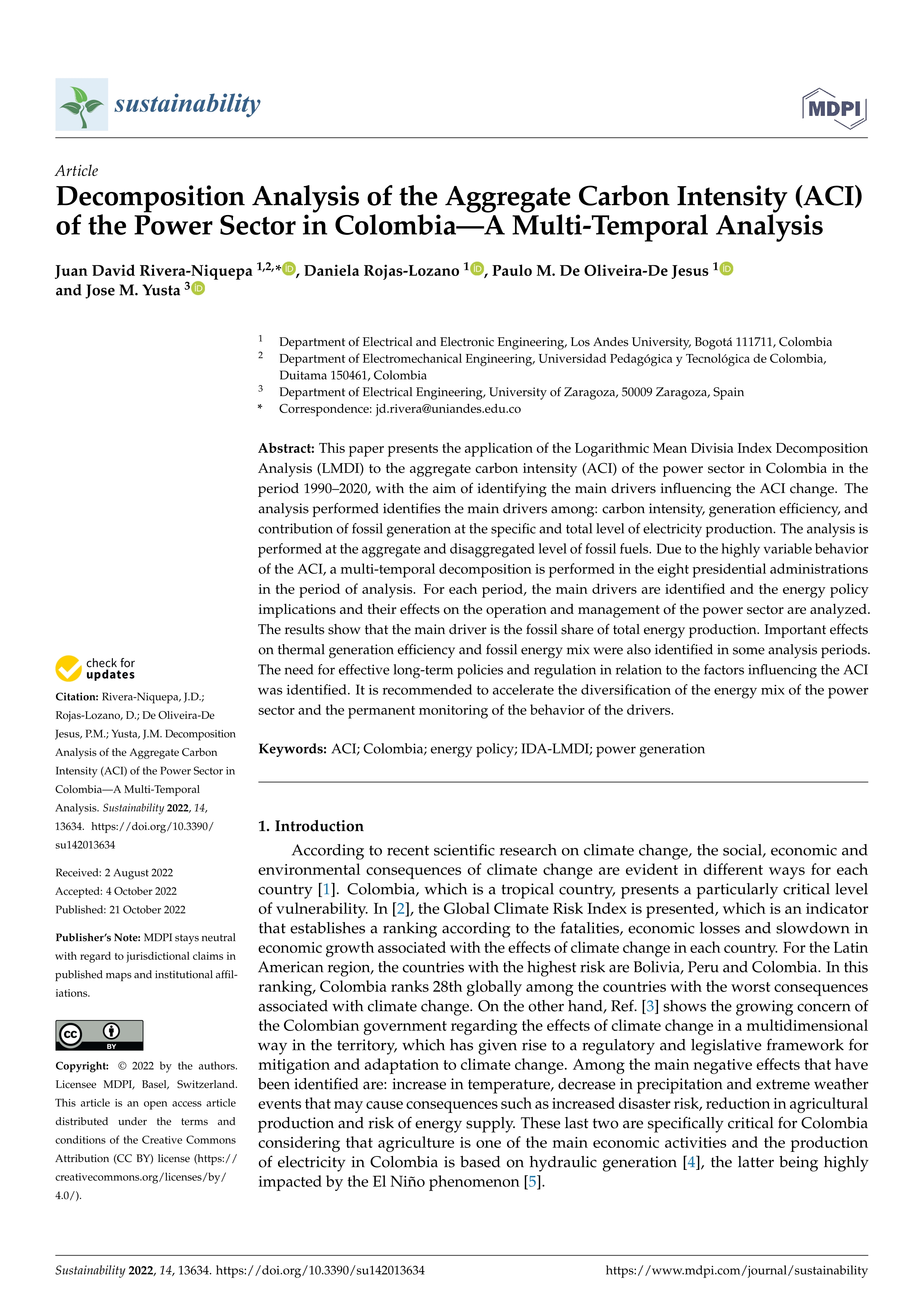 Decomposition Analysis of the Aggregate Carbon Intensity (ACI) of the Power Sector in Colombia—A Multi-Temporal Analysis
