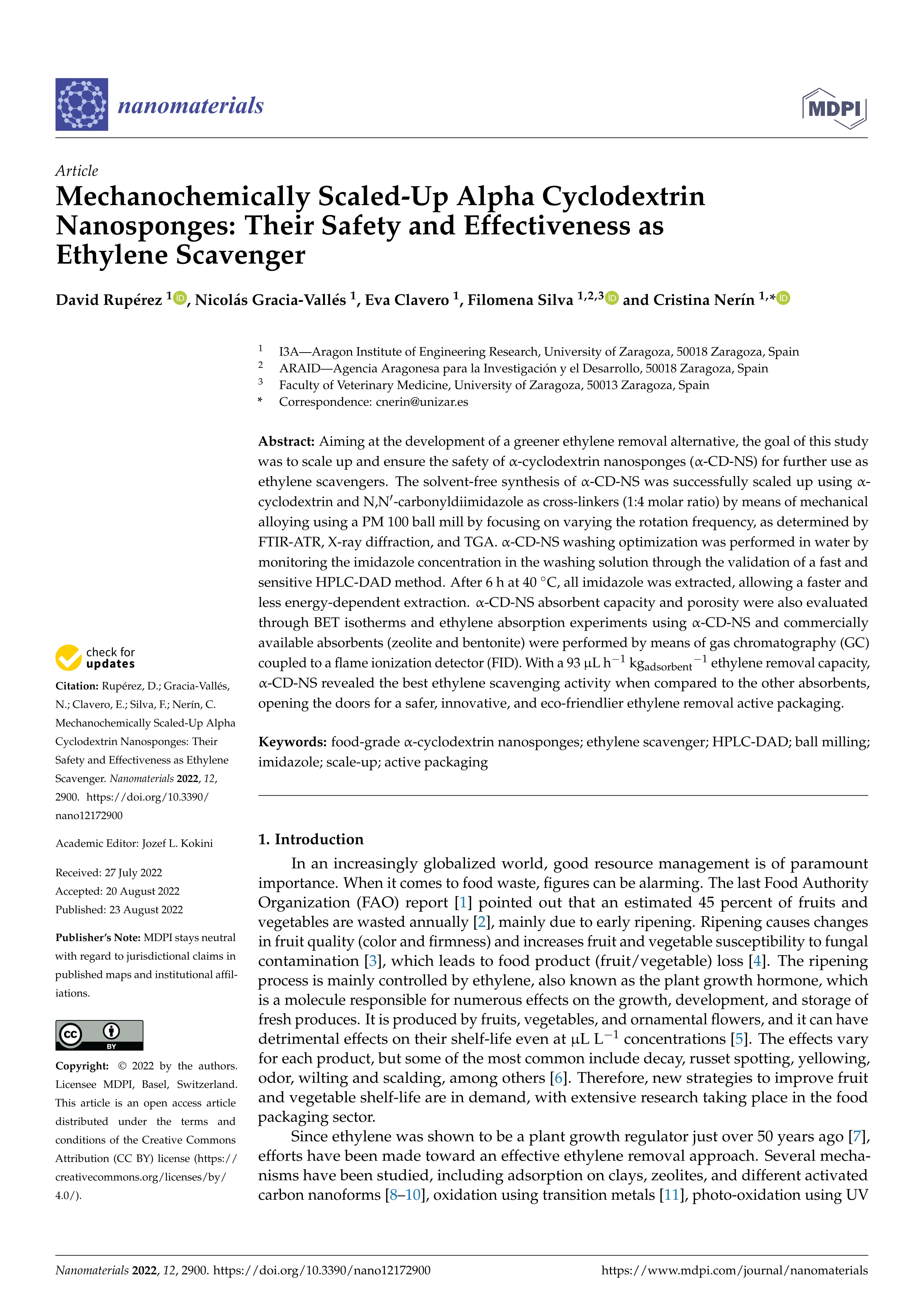 Mechanochemically Scaled-Up Alpha Cyclodextrin Nanosponges: Their Safety and Effectiveness as Ethylene Scavenger