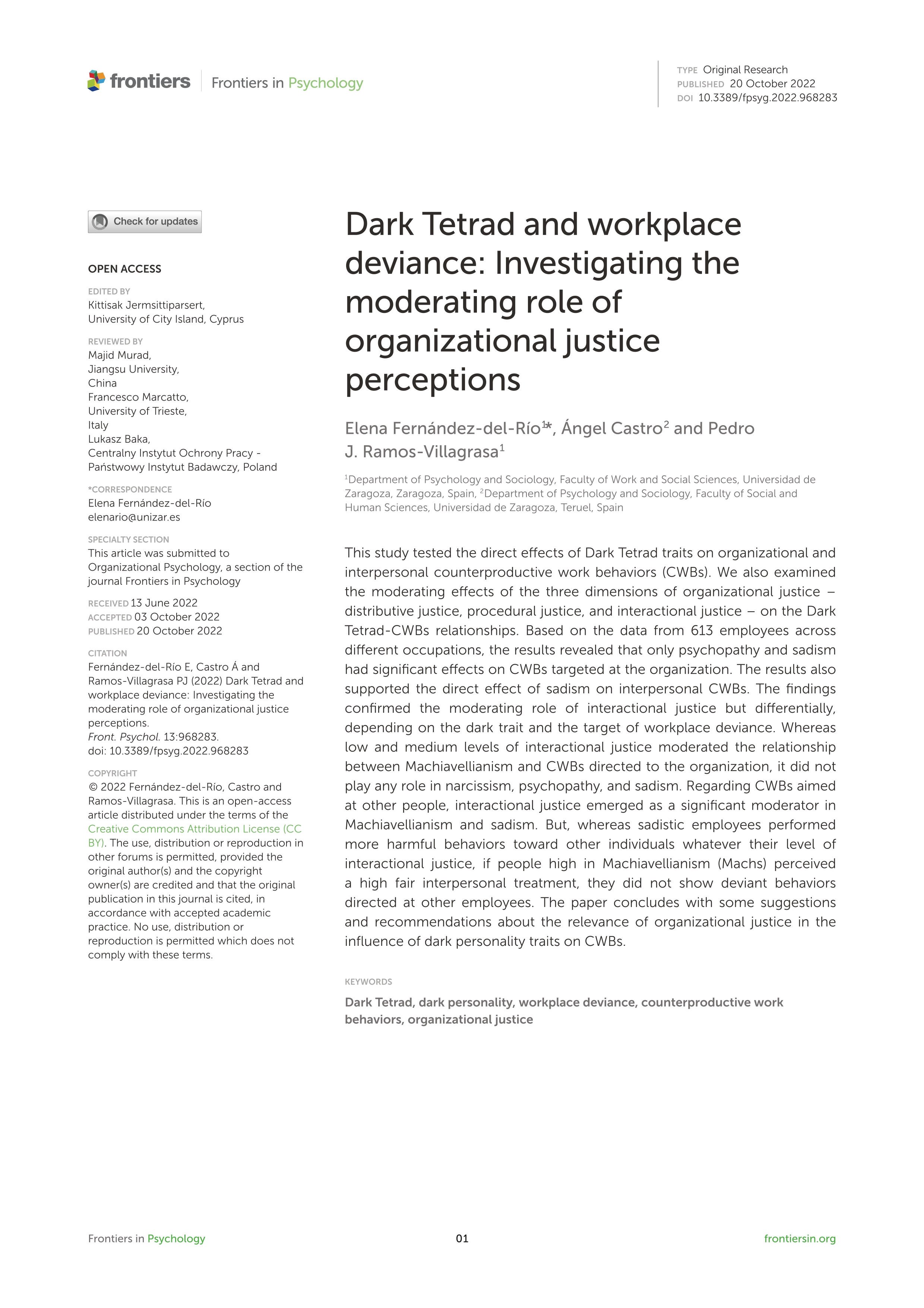 Dark Tetrad and workplace deviance: Investigating the moderating role of organizational justice perceptions