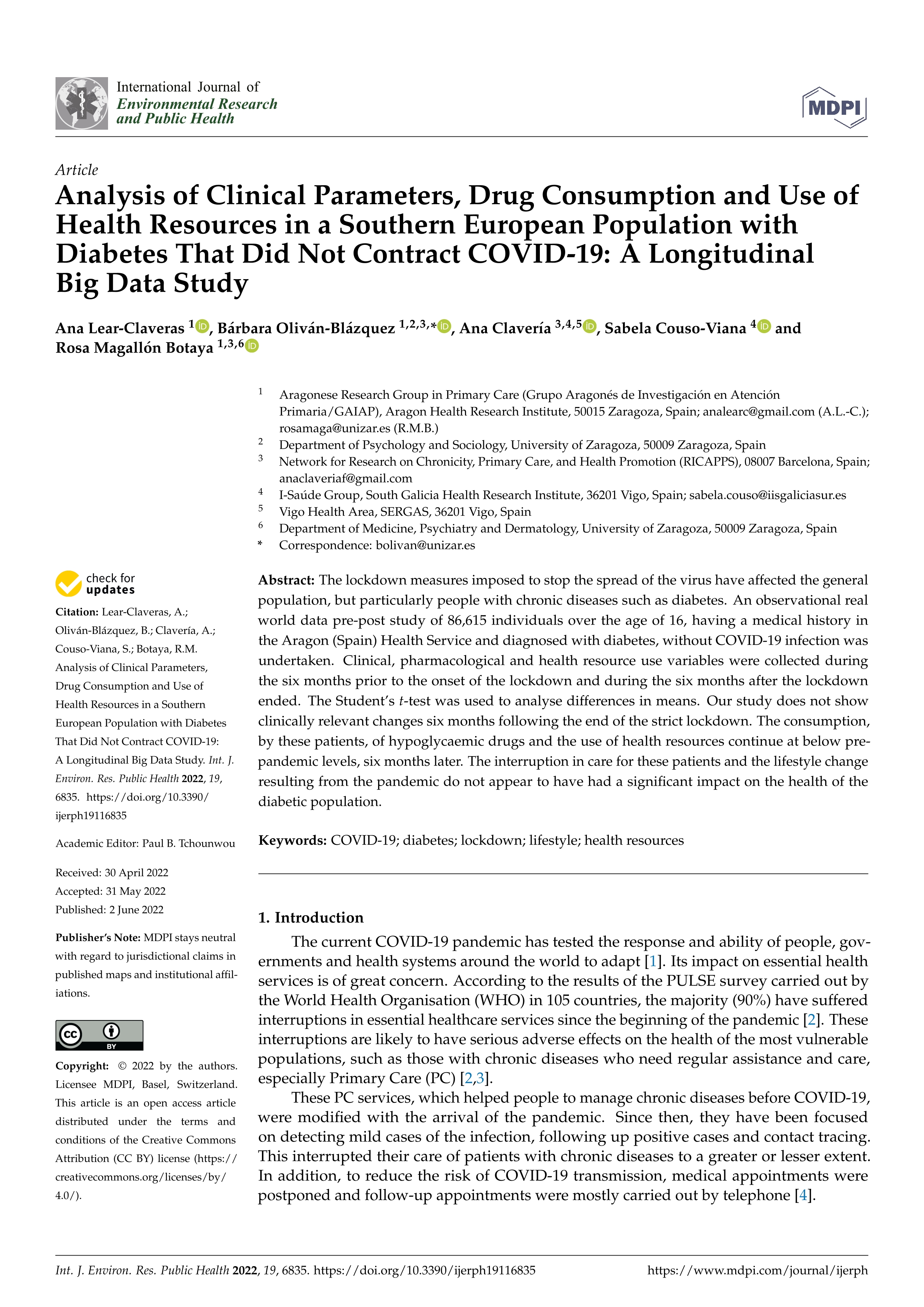 Analysis of Clinical Parameters, Drug Consumption and Use of Health Resources in a Southern European Population with Diabetes That Did Not Contract COVID-19: A Longitudinal Big Data Study