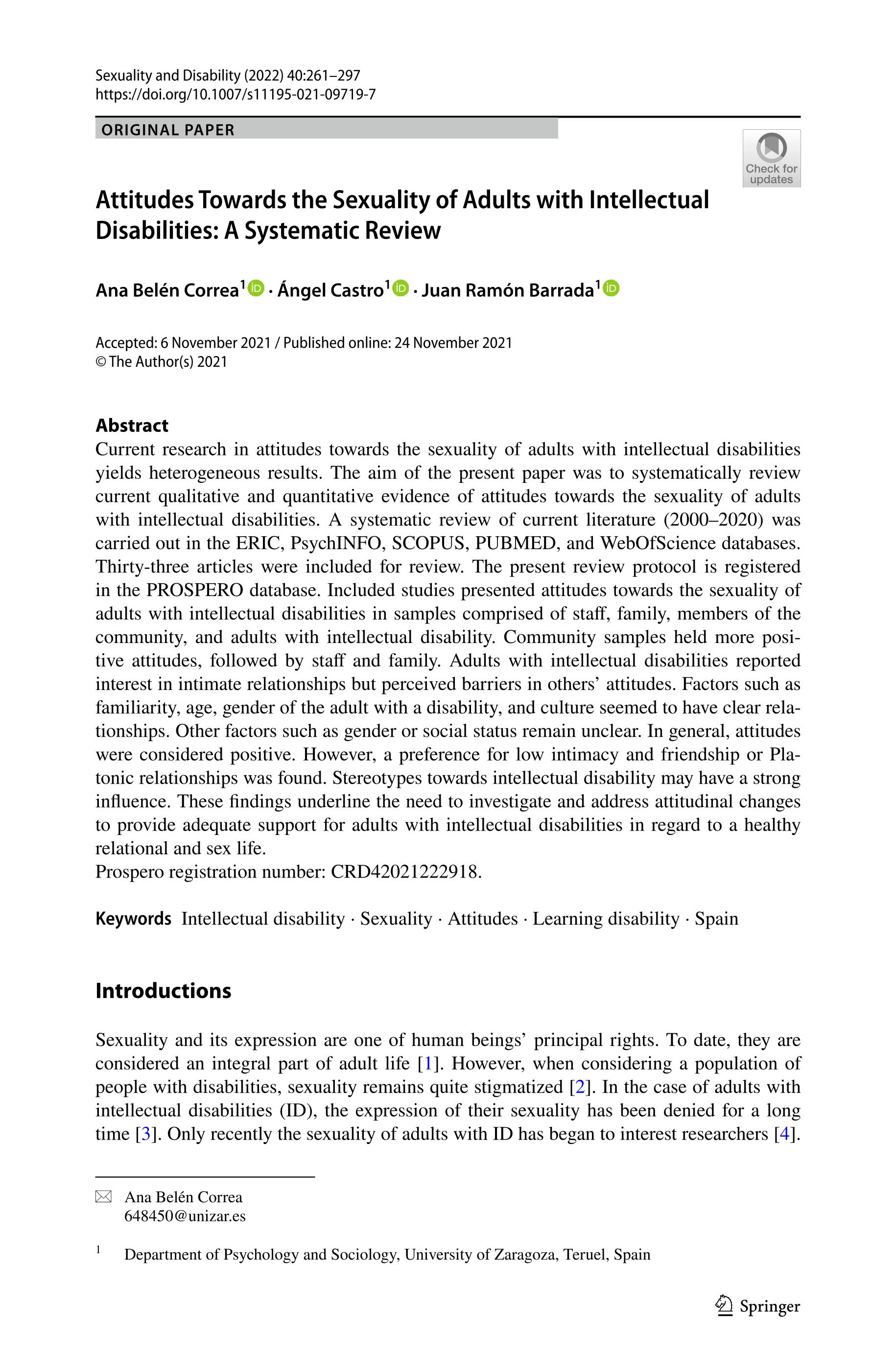 Attitudes towards the sexuality of adults with intellectual disabilities: a systematic review