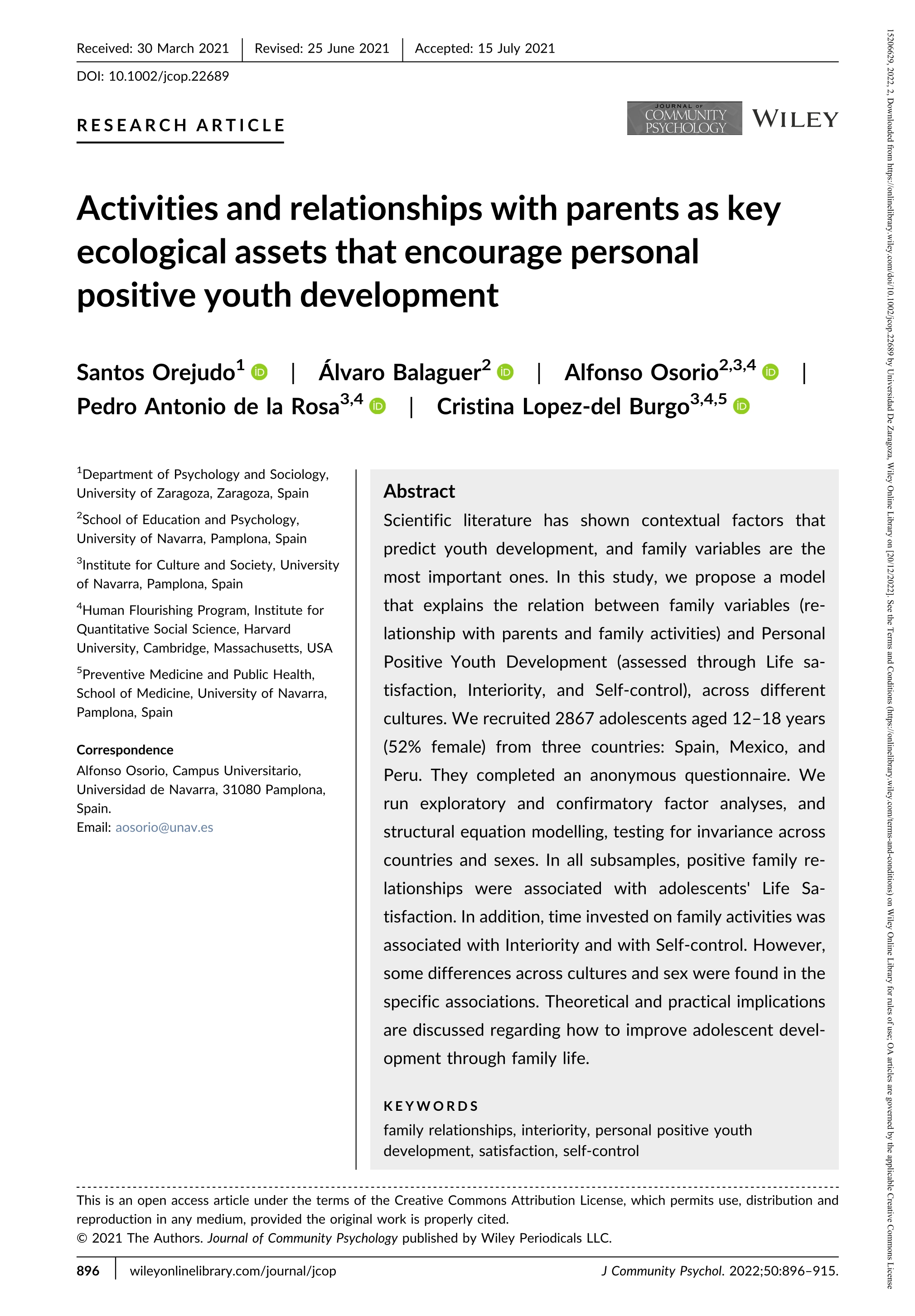 Activities and relationships with parents as key ecological assets that encourage personal positive youth development