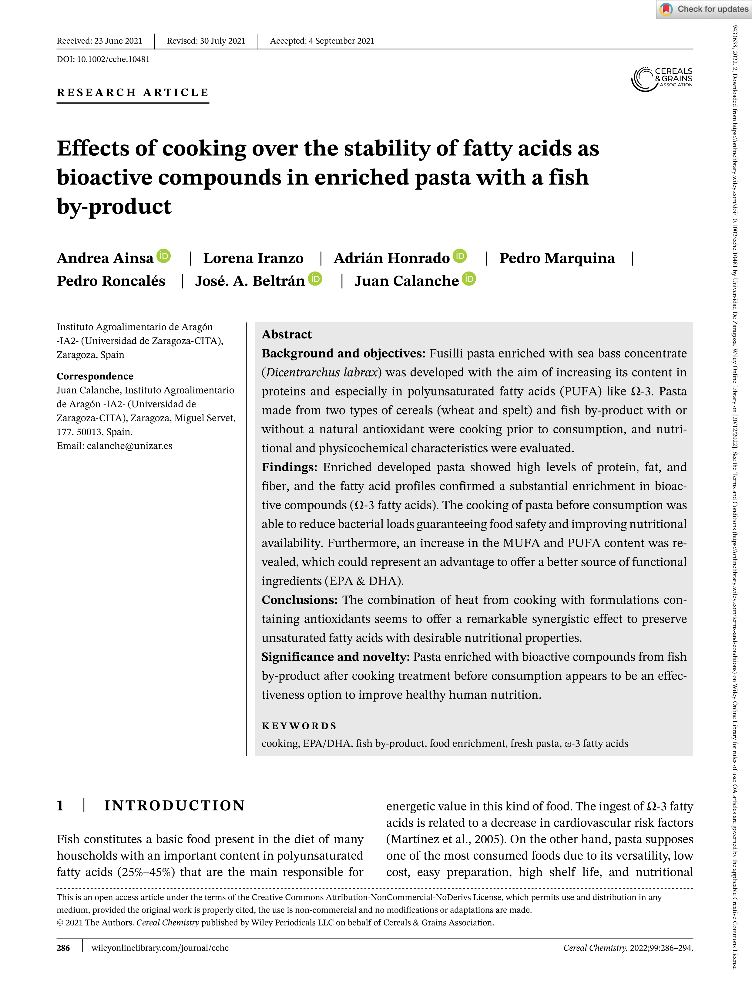 Effects of cooking over the stability of fatty acids as bioactive compounds in enriched pasta with a fish by-product