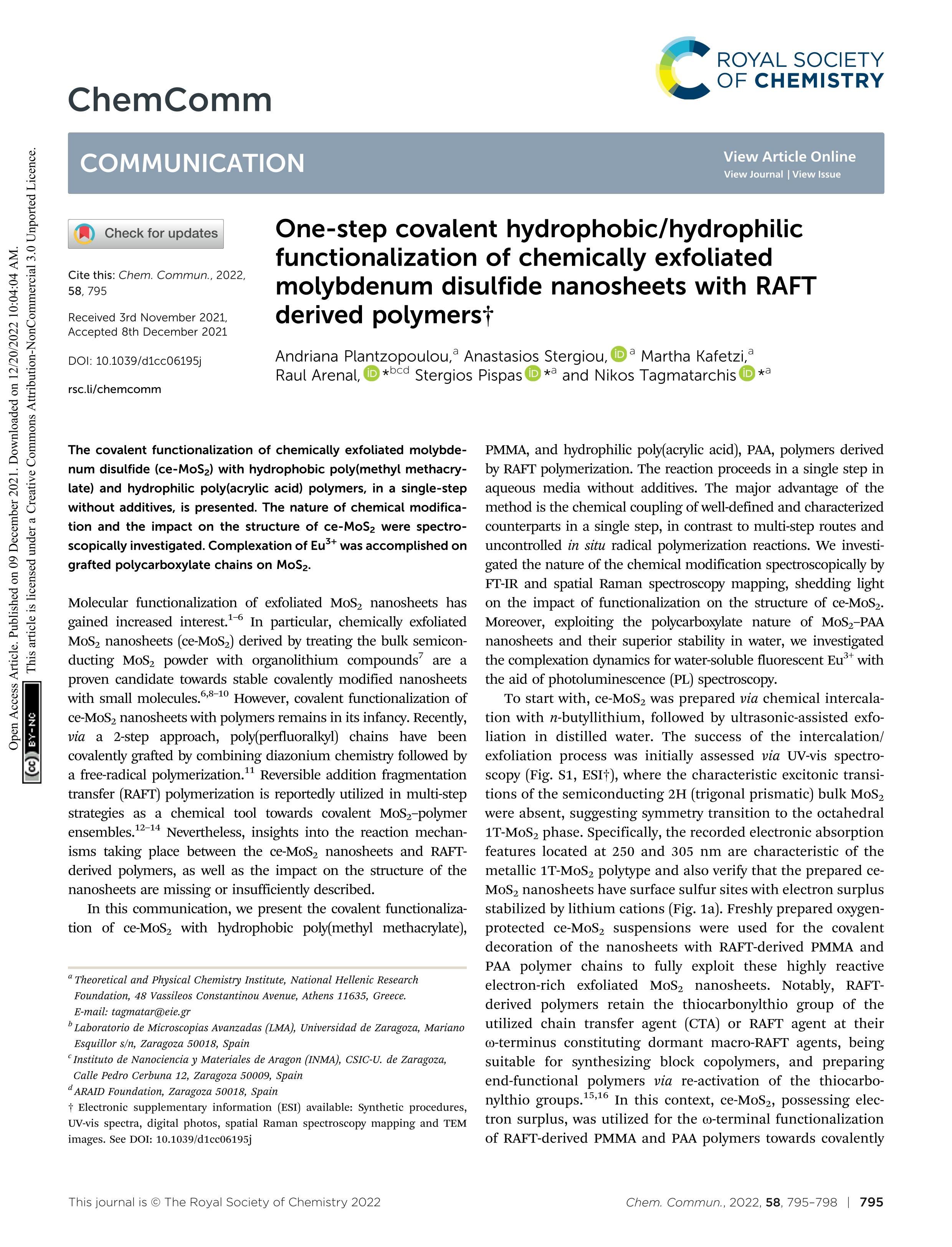 One-step covalent hydrophobic/hydrophilic functionalization of chemically exfoliated molybdenum disulfide nanosheets with RAFT derived polymers