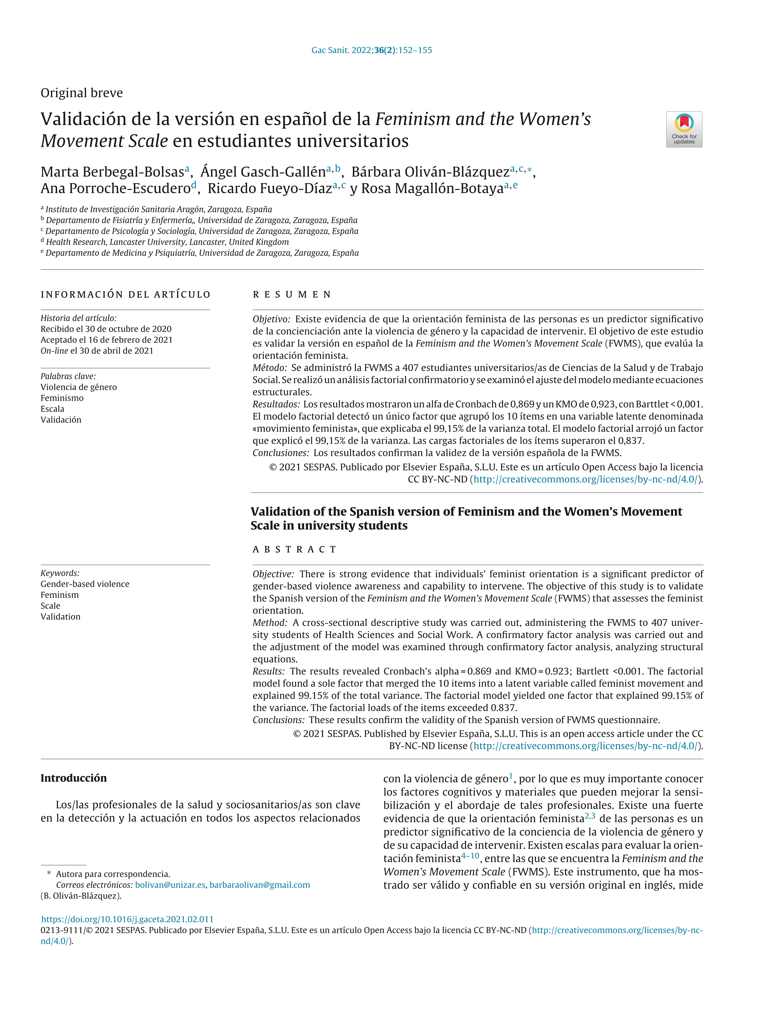 Validación de la versión en español de la Feminism and the Women's Movement Scale en estudiantes universitarios