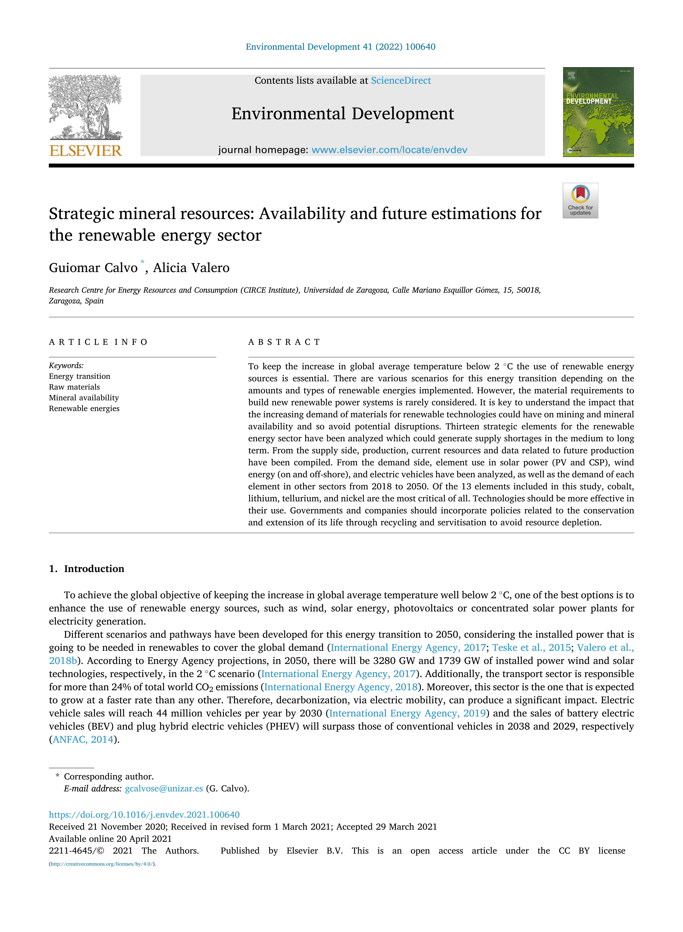 Strategic mineral resources: availability and future estimations for the renewable energy sector