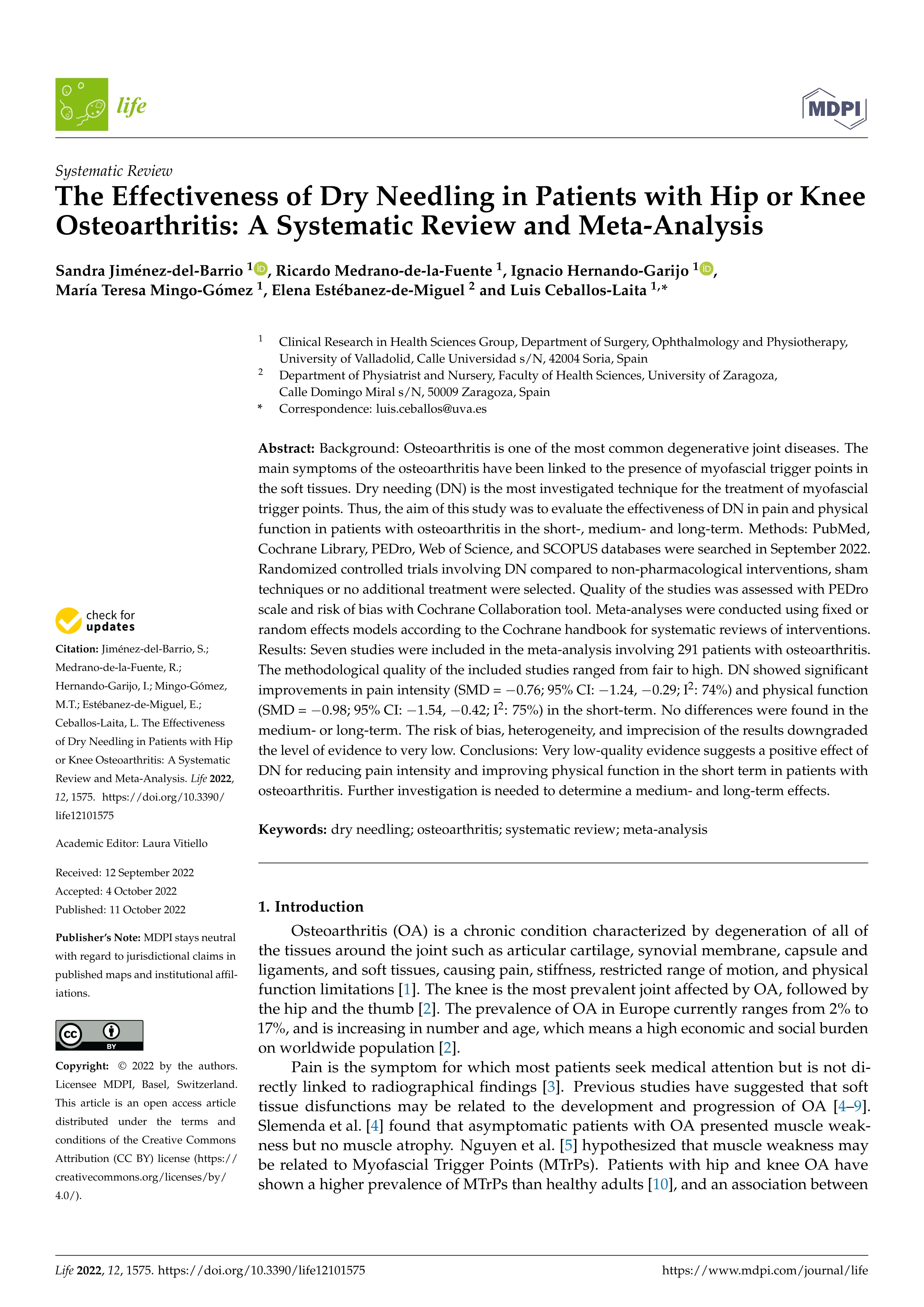 The Effectiveness of Dry Needling in Patients with Hip or Knee Osteoarthritis: A Systematic Review and Meta-Analysis