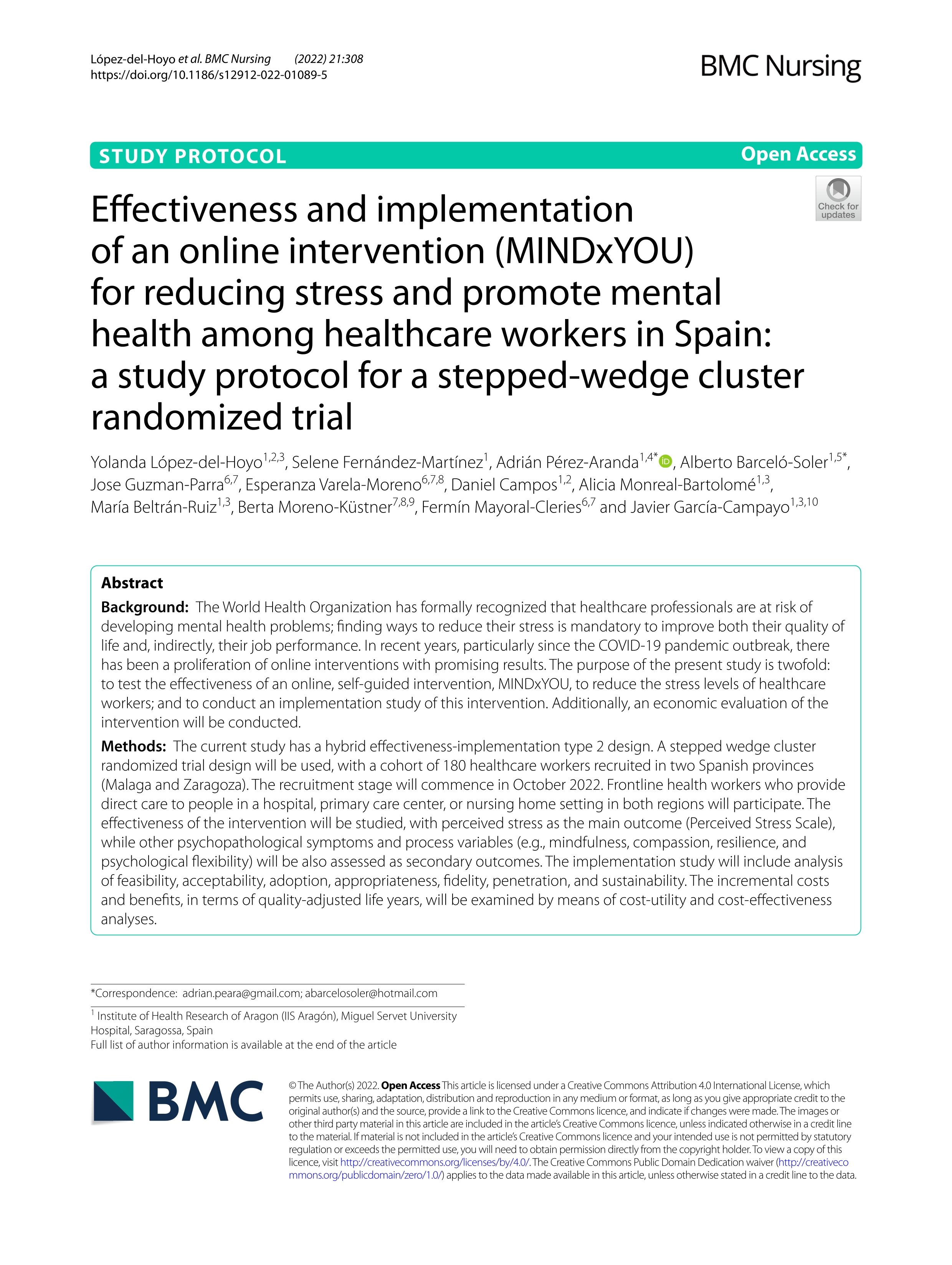 Effectiveness and implementation of an online intervention (MINDxYOU) for reducing stress and promote mental health among healthcare workers in Spain: a study protocol for a stepped-wedge cluster randomized trial