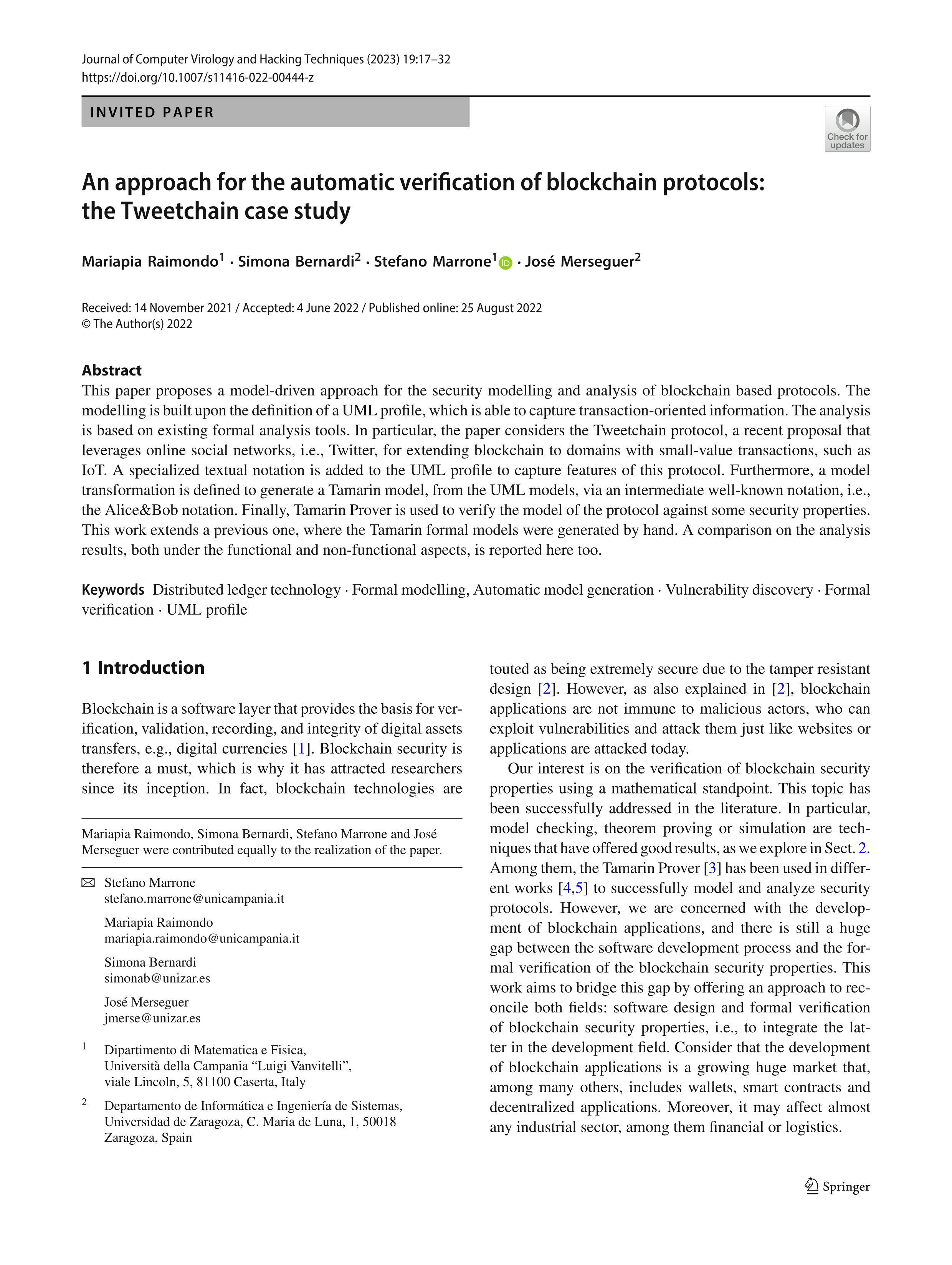 An approach for the automatic verification of blockchain protocols: the Tweetchain case study