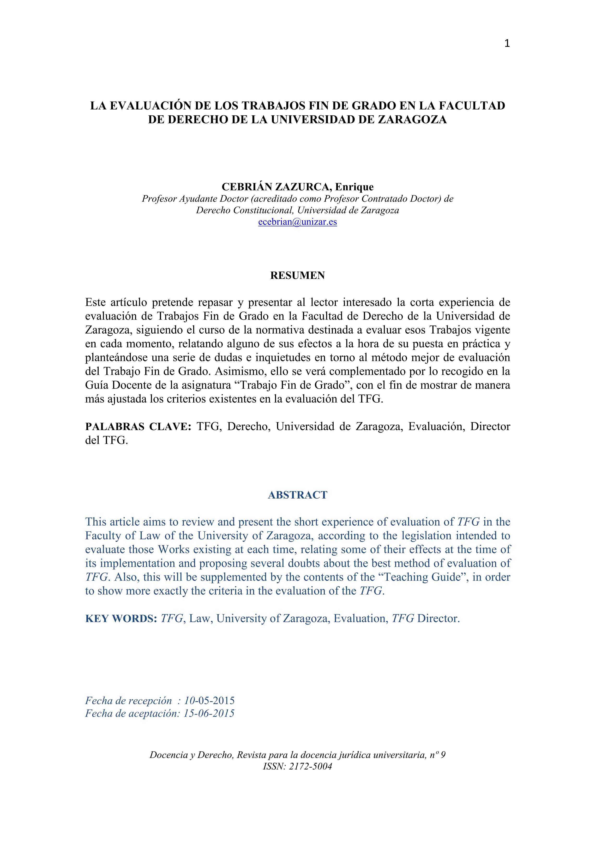 La evaluación de los Trabajos Fin de Grado en la Facultad de Derecho de la Universidad de Zaragoza