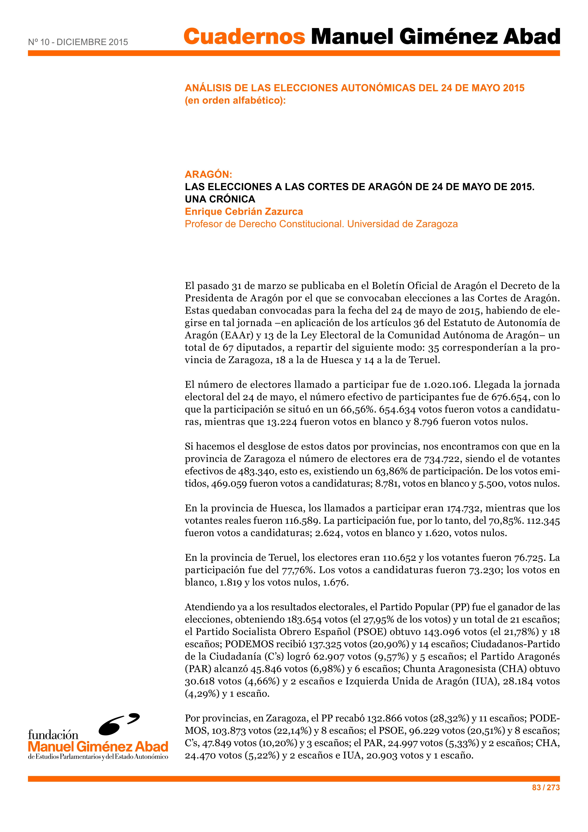 Las elecciones a las Cortes de Aragón de 24 de mayo de 2015. Una crónica