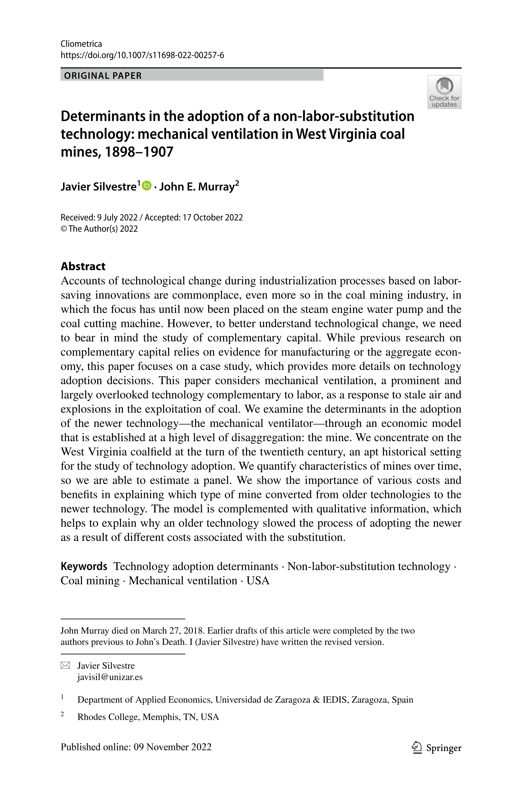 Determinants in the adoption of a non-labor-substitution technology: mechanical ventilation in West Virginia coal mines, 1898–1907