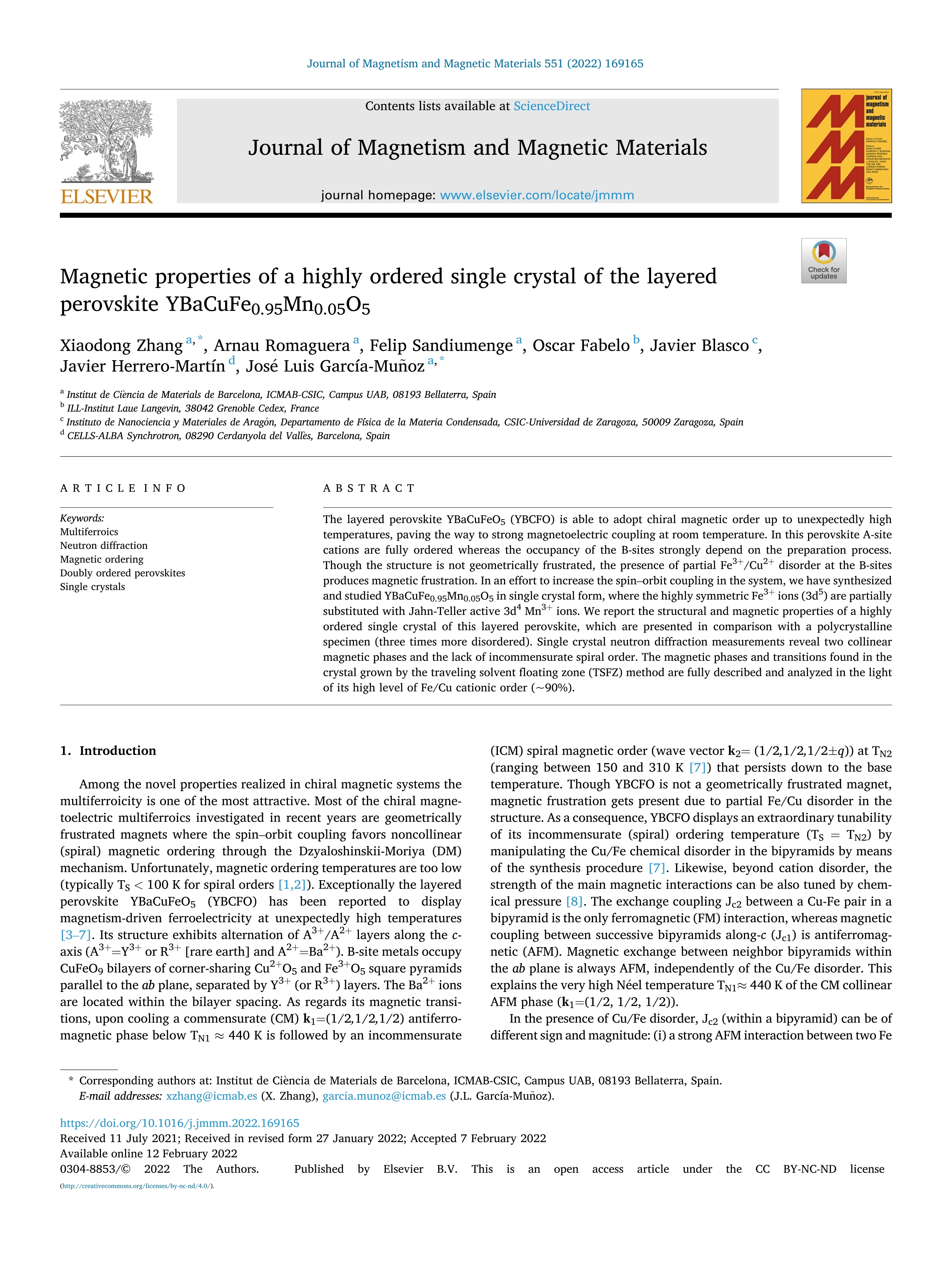 Magnetic properties of a highly ordered single crystal of the layered perovskite YBaCuFe0.95Mn0.05O5